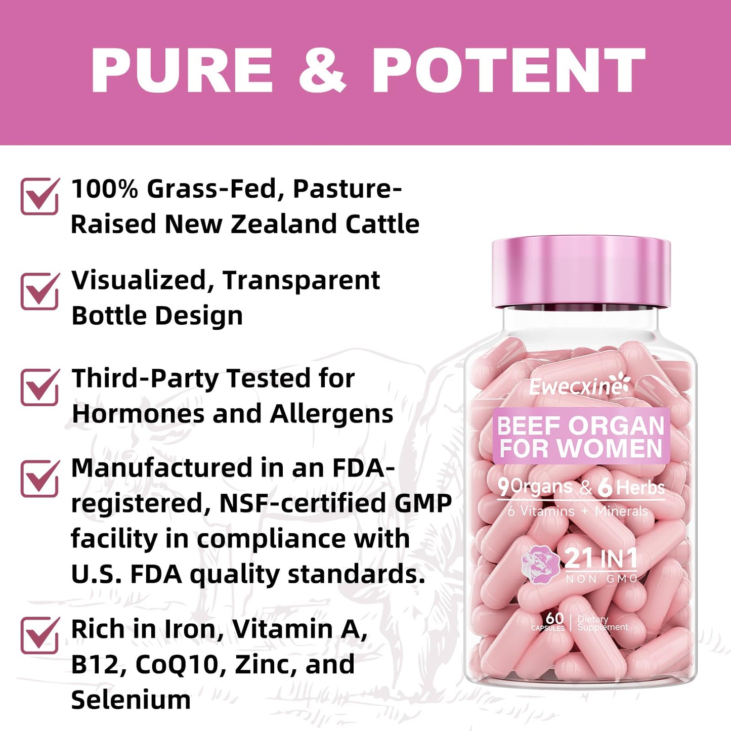 Ewecxine Beef Organ Supplement for Women, 9-Organ Formula, 60 Capsules