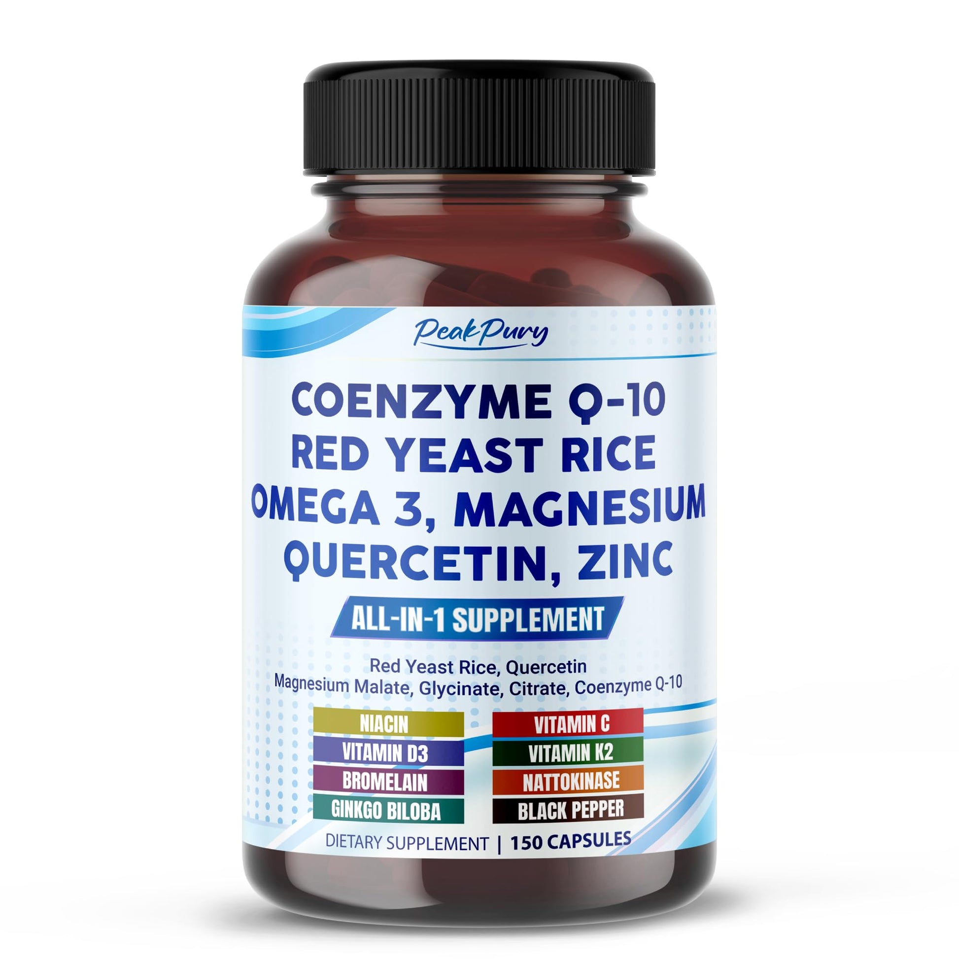 PEAKPURY Coenzyme Q-10 Red Yeast Rice Quercetin Magnesium Malate, Glycinate, Citrate Capsules, 150 Count