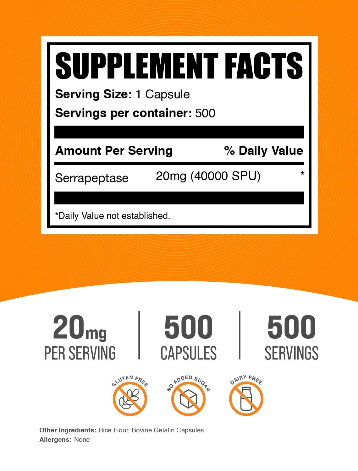 BulkSupplements Serrapeptase 40000 SPU Capsules, 500 Count
