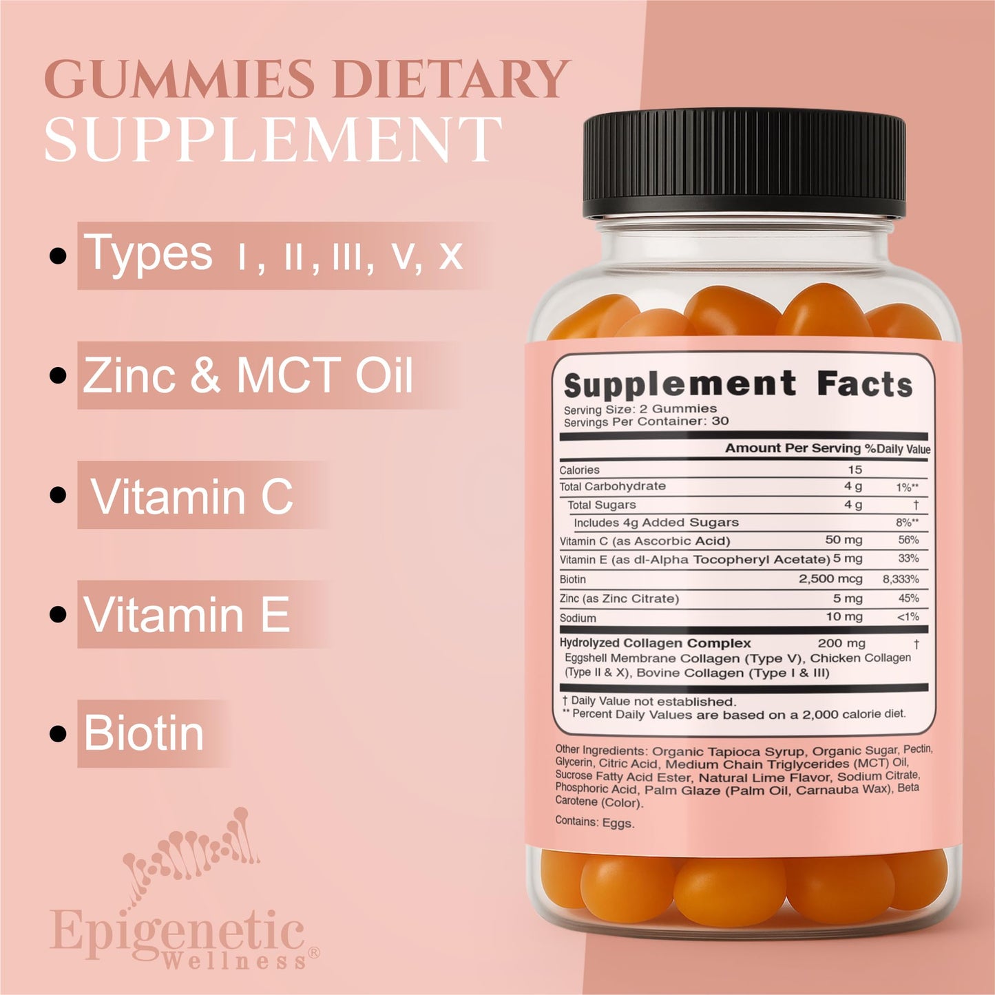 Epigenetic Wellness High Potency Multi Collagen Gummies with Types I, II, III, V and X, Vitamin C, E, Biotin and Zinc for Skin Elasticity, Joint Support, Hair and Nail Health — 60 Gummies