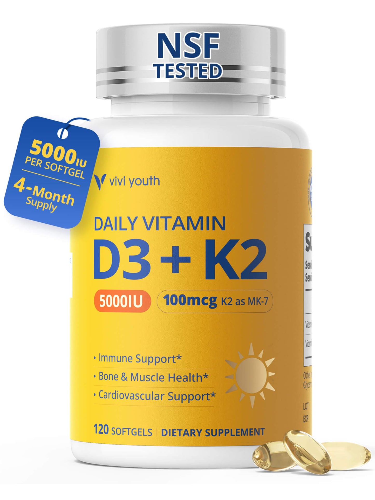 VIVI Youth Vitamin D3 K2 Supplement 5000 IU & MK-7 100mcg with Sunflower Seed Oil Softgels 120 Count