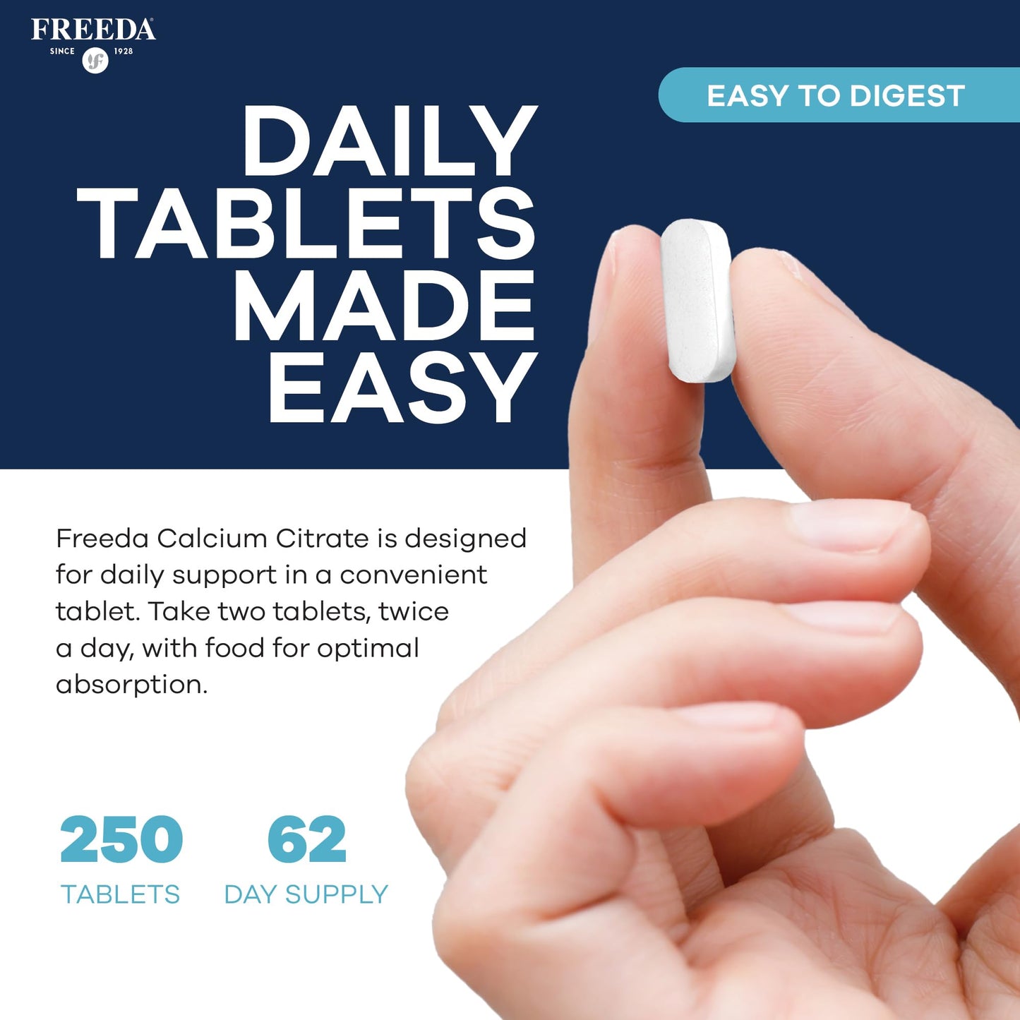 FREEDA Calcium Citrate 1000mg Supplement for Bone Support, 250 Tablets