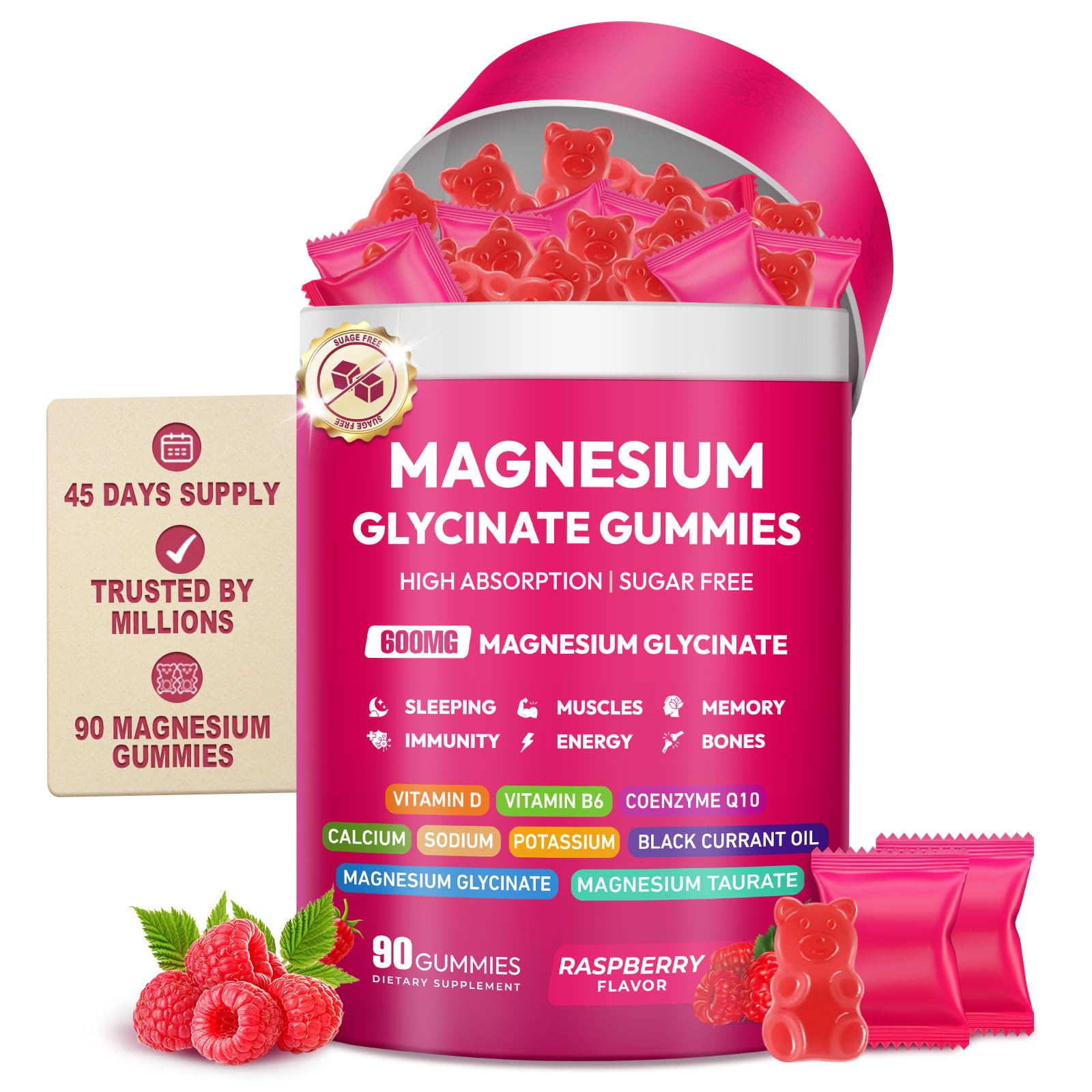 Cytona Magnesium Glycinate Gummies 600mg, High Absorption Magnesium Complex, Sugar Free with Vitamin D & B6, CoQ10, 90 Count