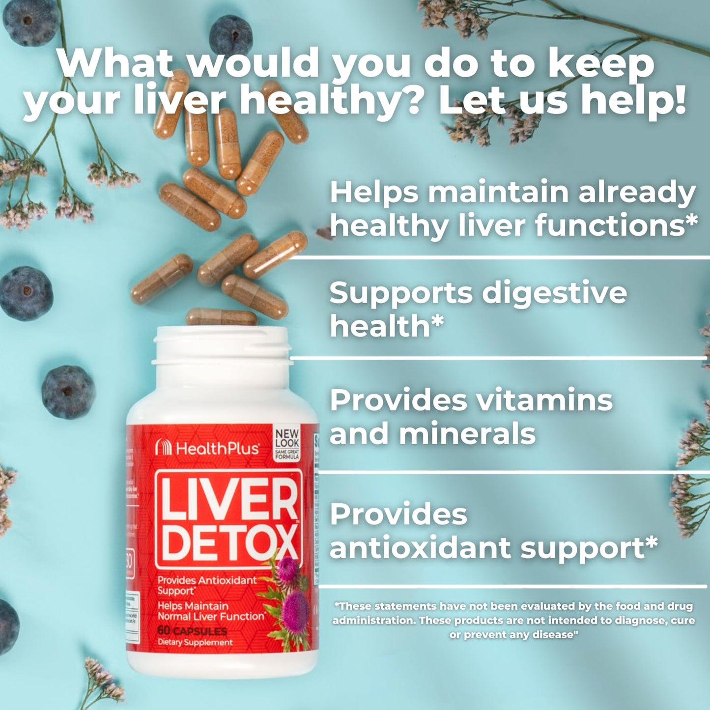 Health Plus Liver Detox Natural Herbal Liver Support & Detox Supplement with Milk Thistle, Dandelion and Turmeric Root, 60 Capsules