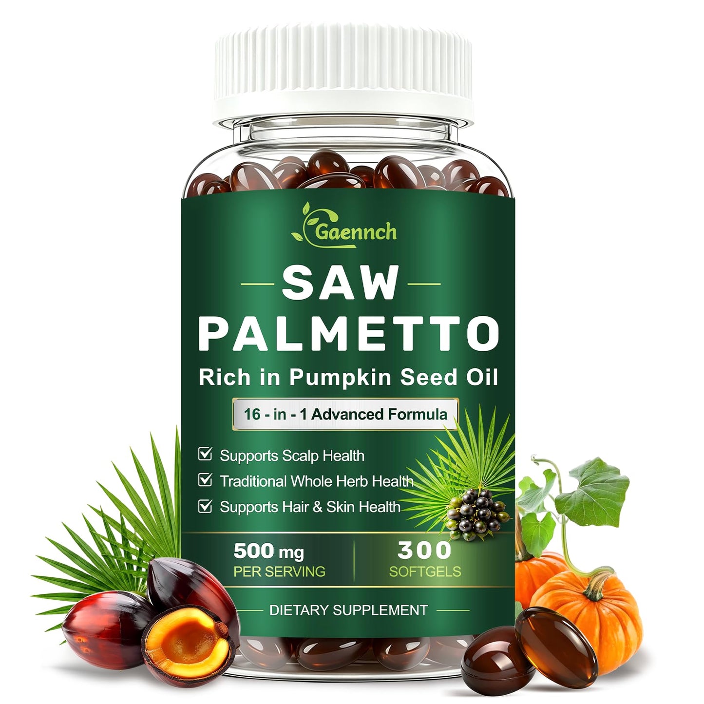 Gaennch Saw Palmetto for Men with Pumpkin Seed Oil Prostate Health Softgels, 300 Count