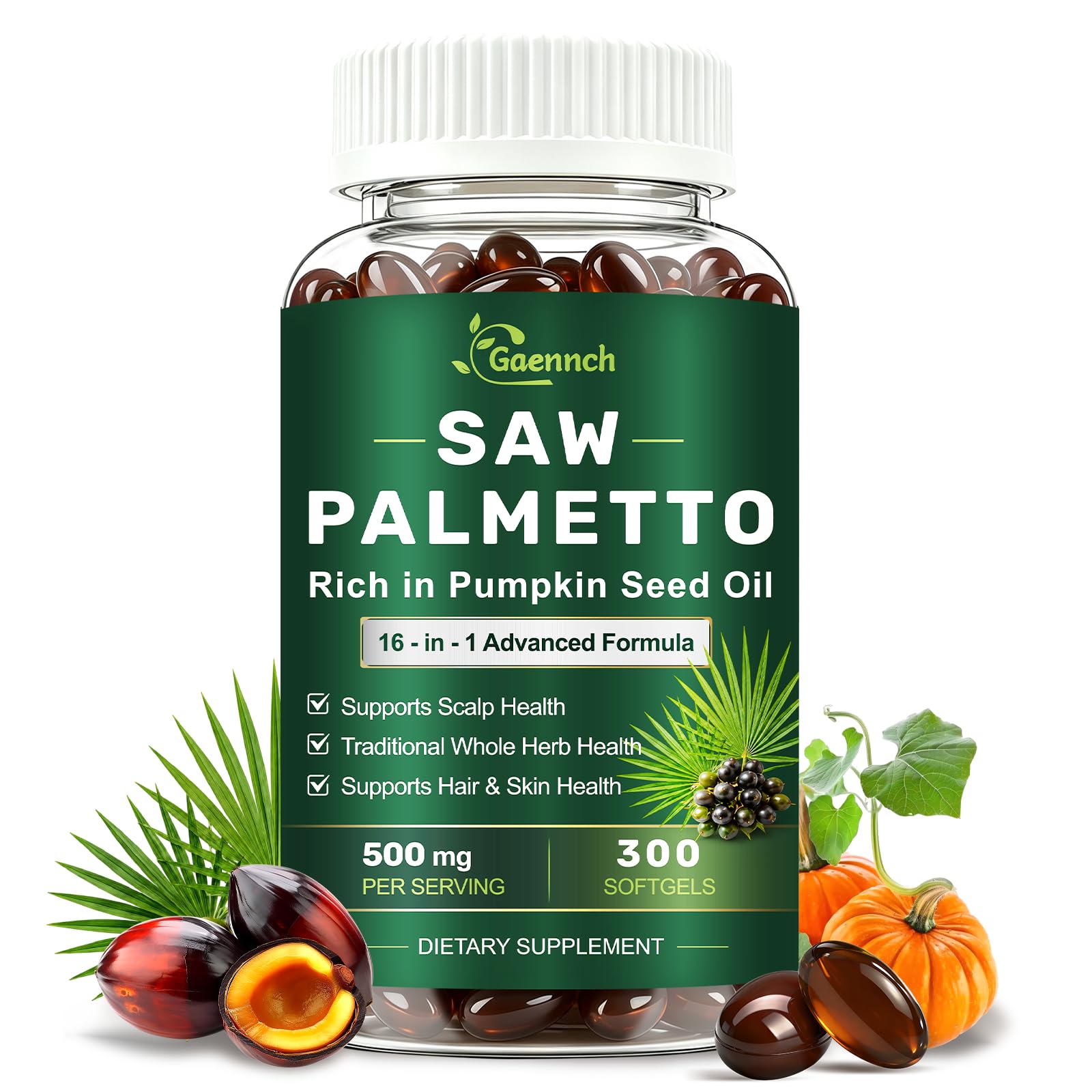 Gaennch Saw Palmetto for Men with Pumpkin Seed Oil Prostate Health Softgels, 300 Count