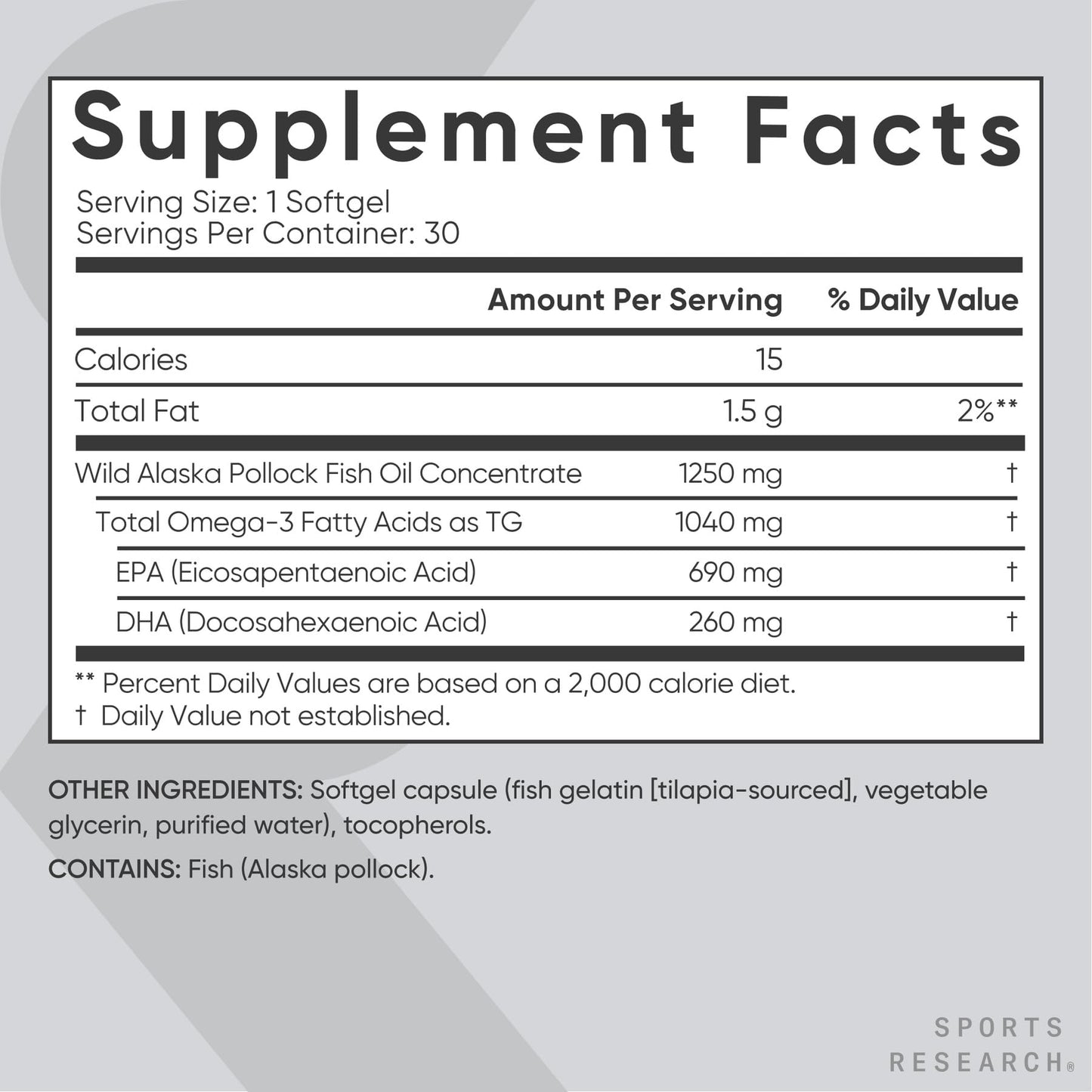 Sports Research Triple Strength Omega-3 Fish Oil 1250mg from Wild Alaskan Pollock Softgels, 30
