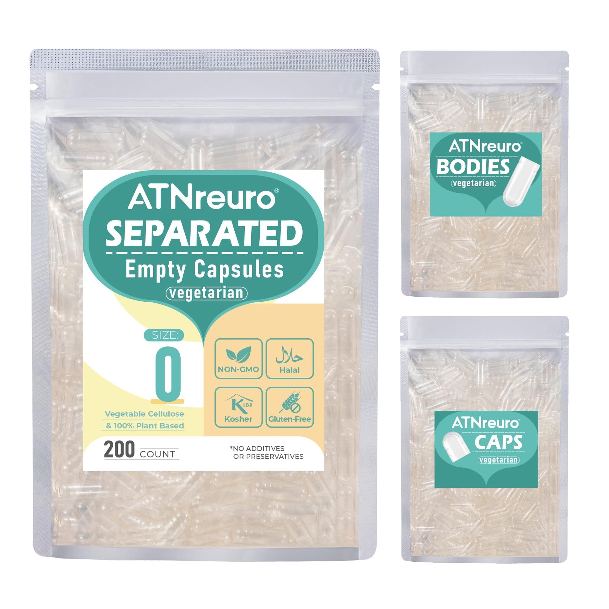 ATNreuro Vegan Separated Empty Capsules Size 0 Capsule, 200 Count
