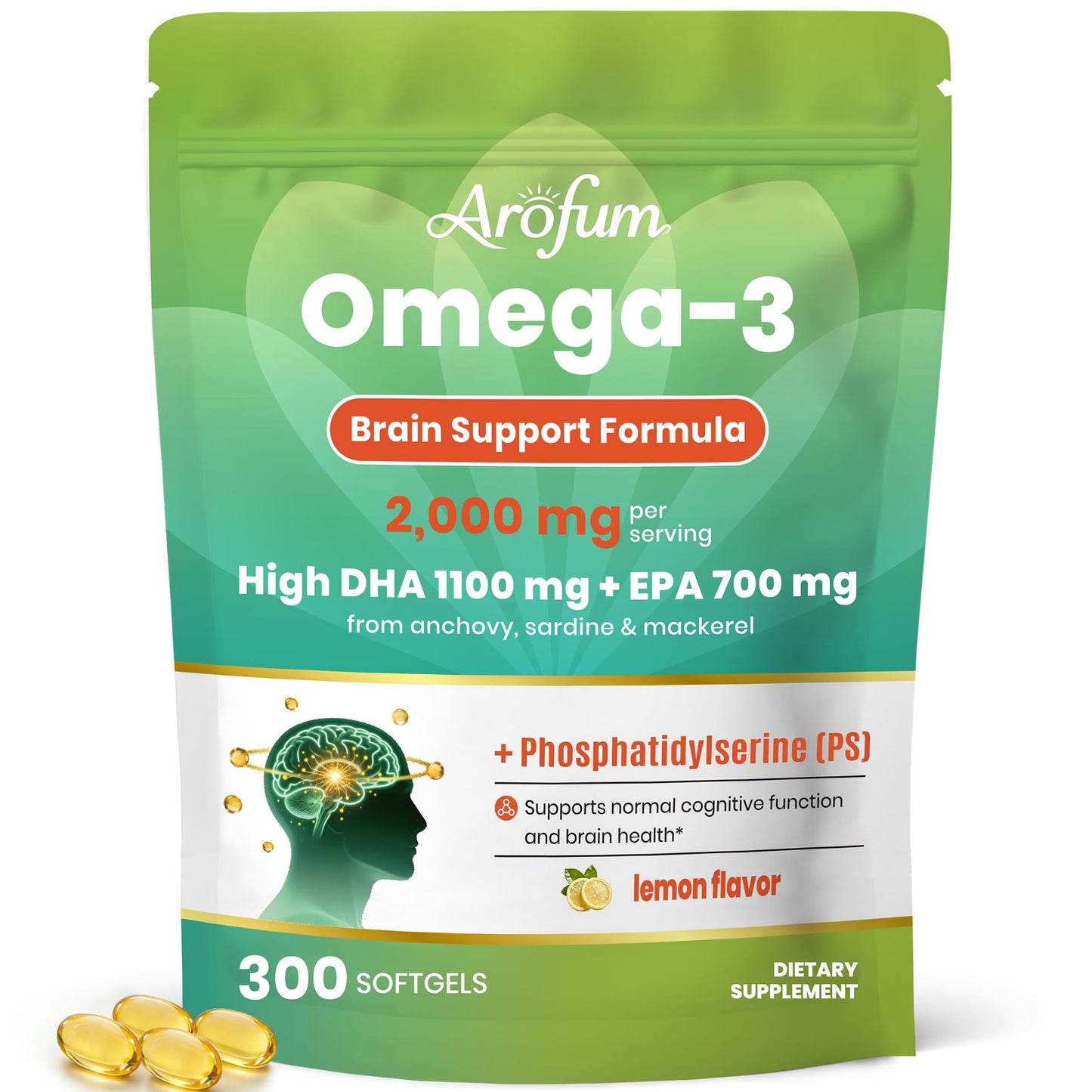 Arofum Omega 3 Fish Oil 2000mg with DHA & Phosphatidylserine Softgels 300