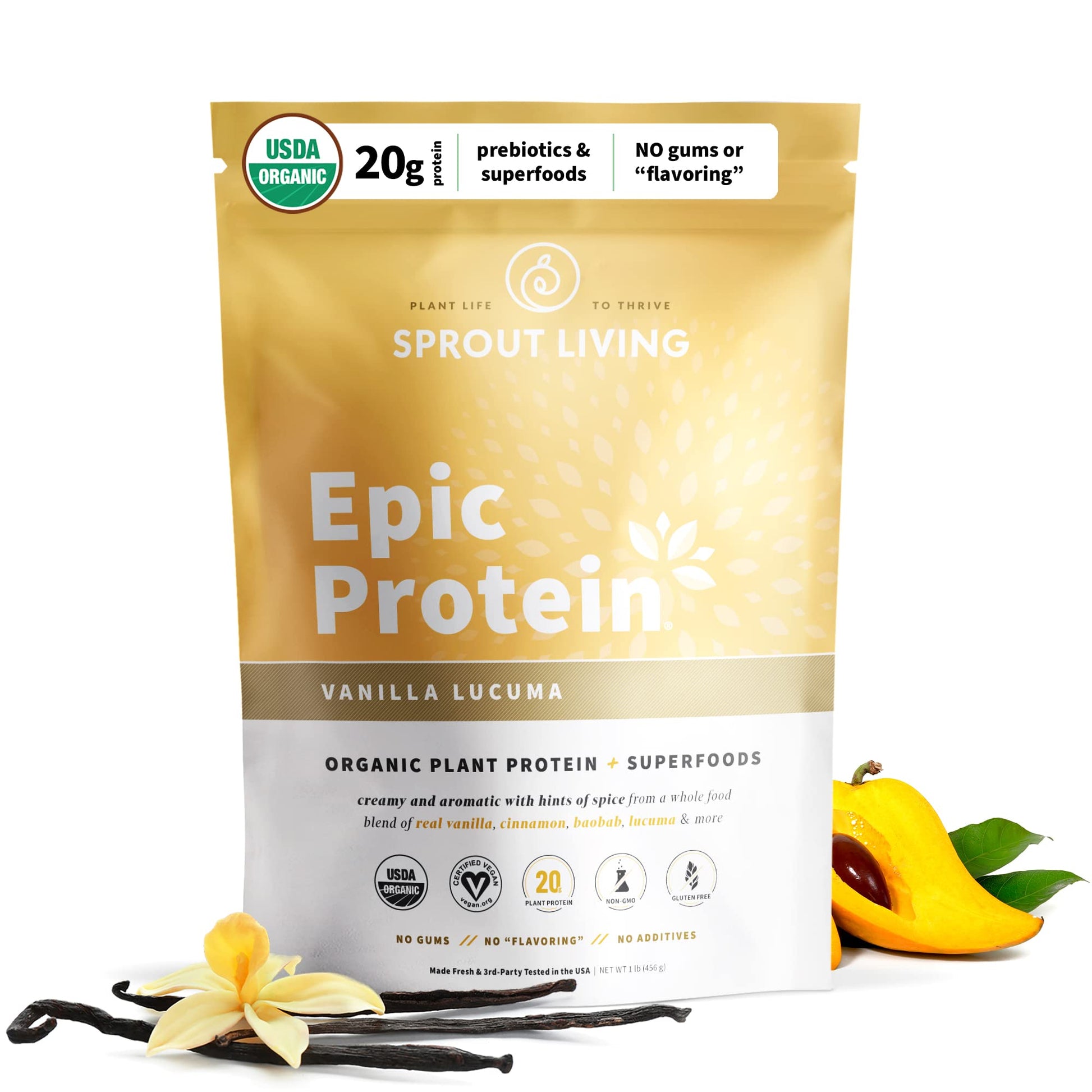 Sprout Living Epic Protein Plant-Based Protein & Superfoods Powder, Vanilla Lucuma, 16 Servings