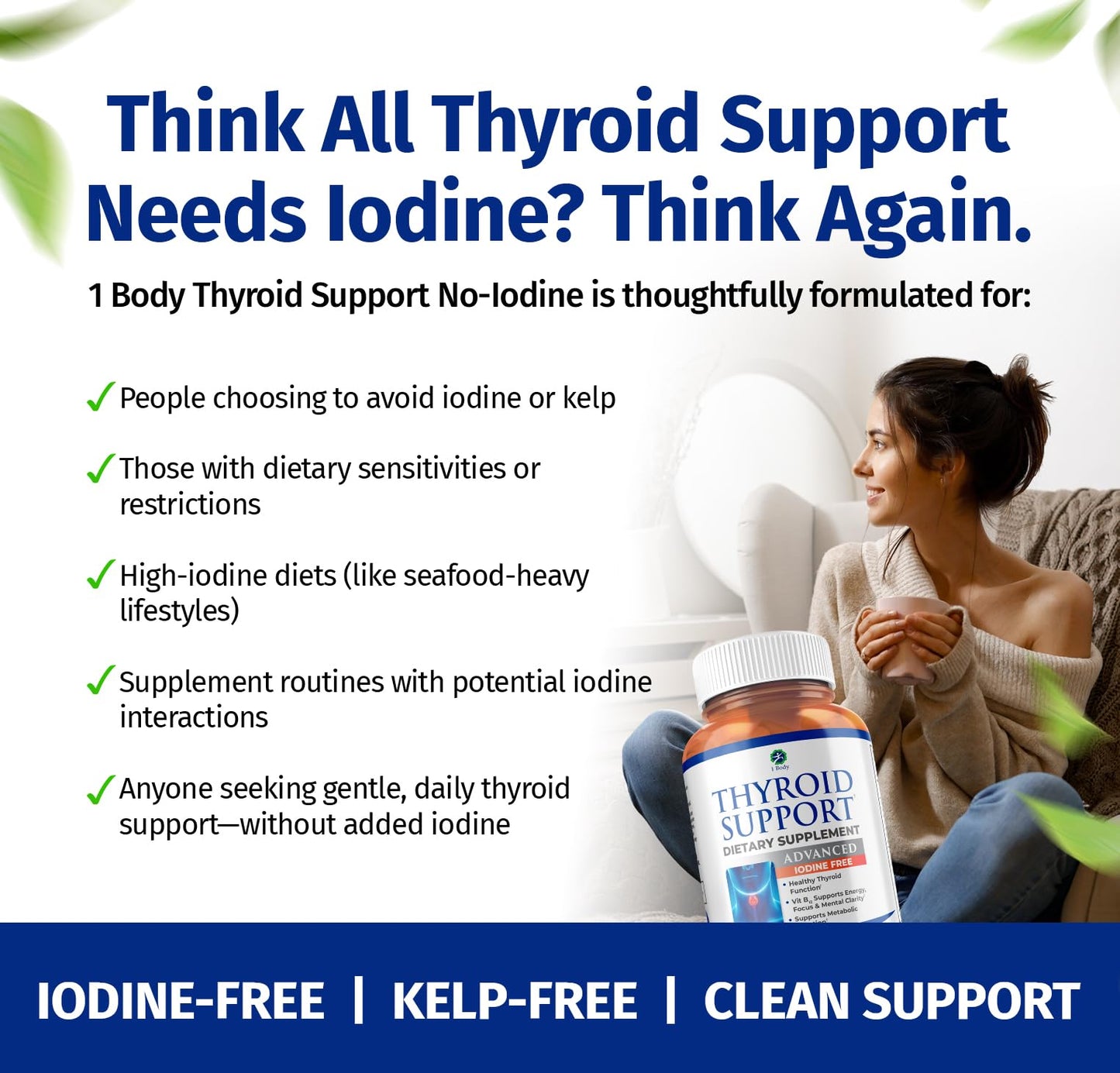 1 Body Thyroid Support for Women, Iodine Free Formula Capsules 60