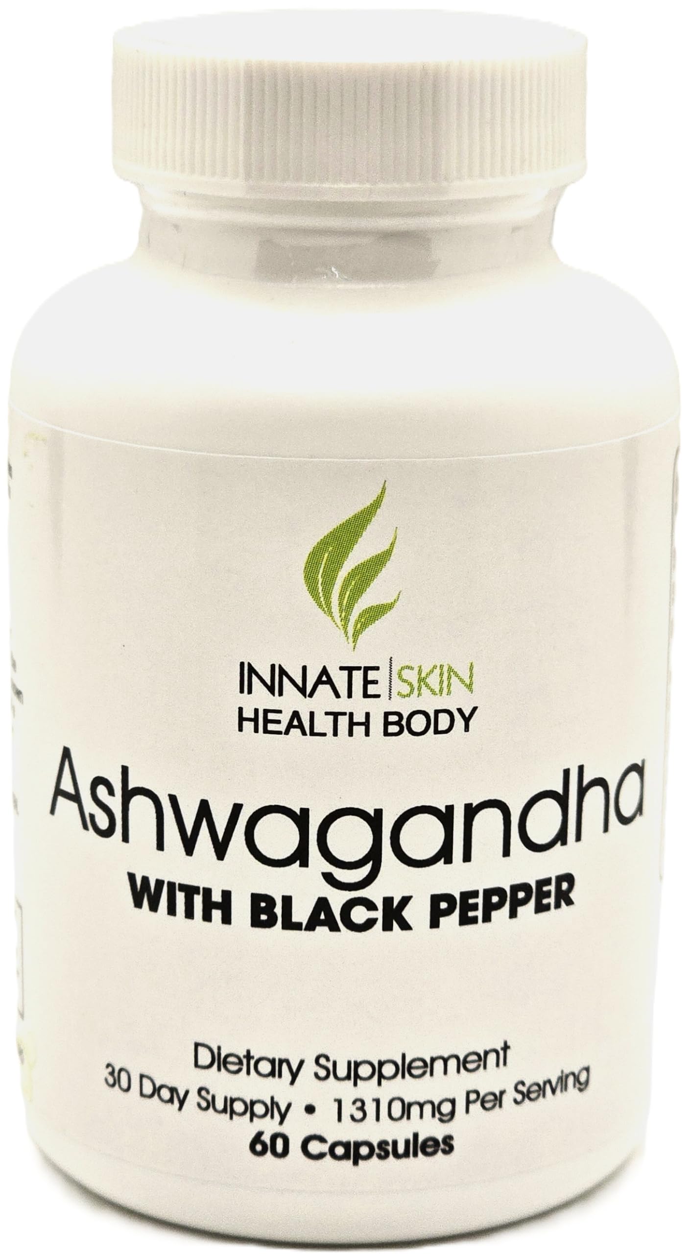Innate Skin Ashwagandha Extra Strength 1300mg Stress & Mood Support with Organic Black Pepper Extract, 60 Vegetarian Capsules