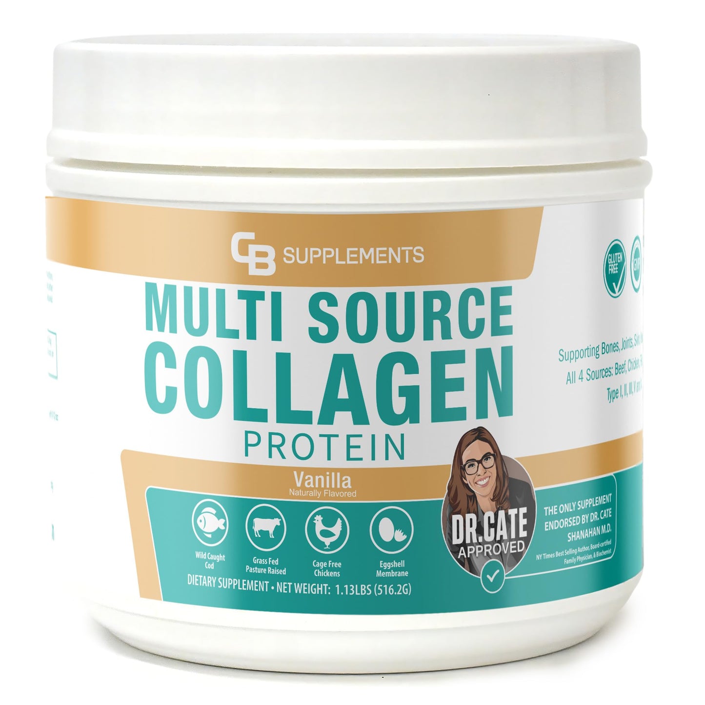 CB Supplements Multi Collagen Protein Powder, Vanilla Flavored, 58 Servings