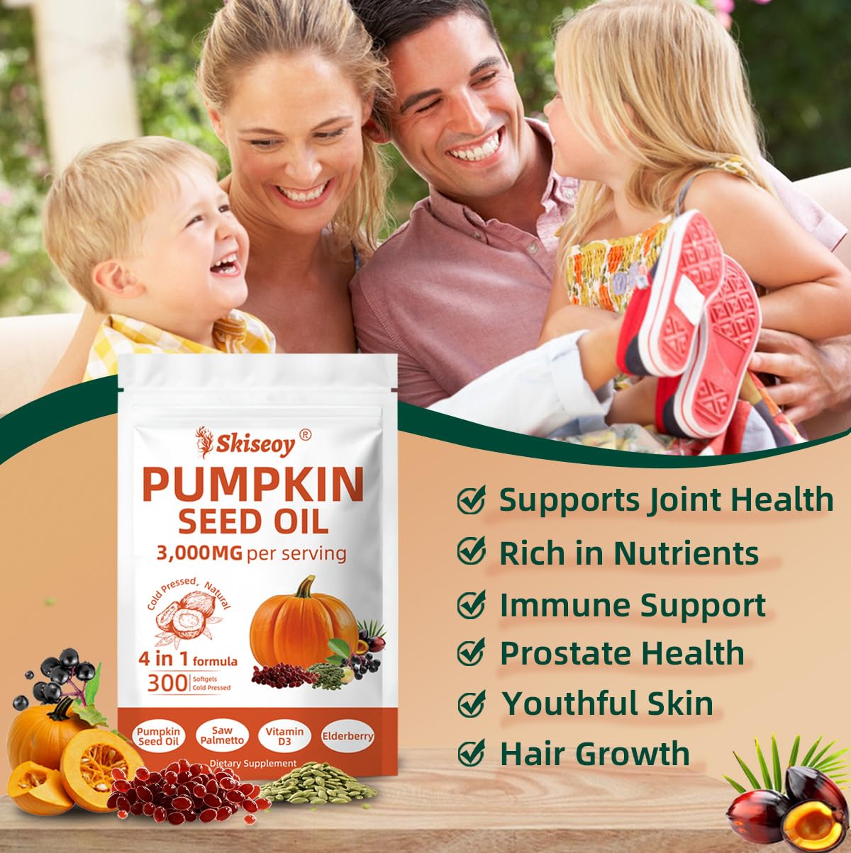 Skiseoy Pumpkin Seed Oil with Saw Palmetto Softgels, 300