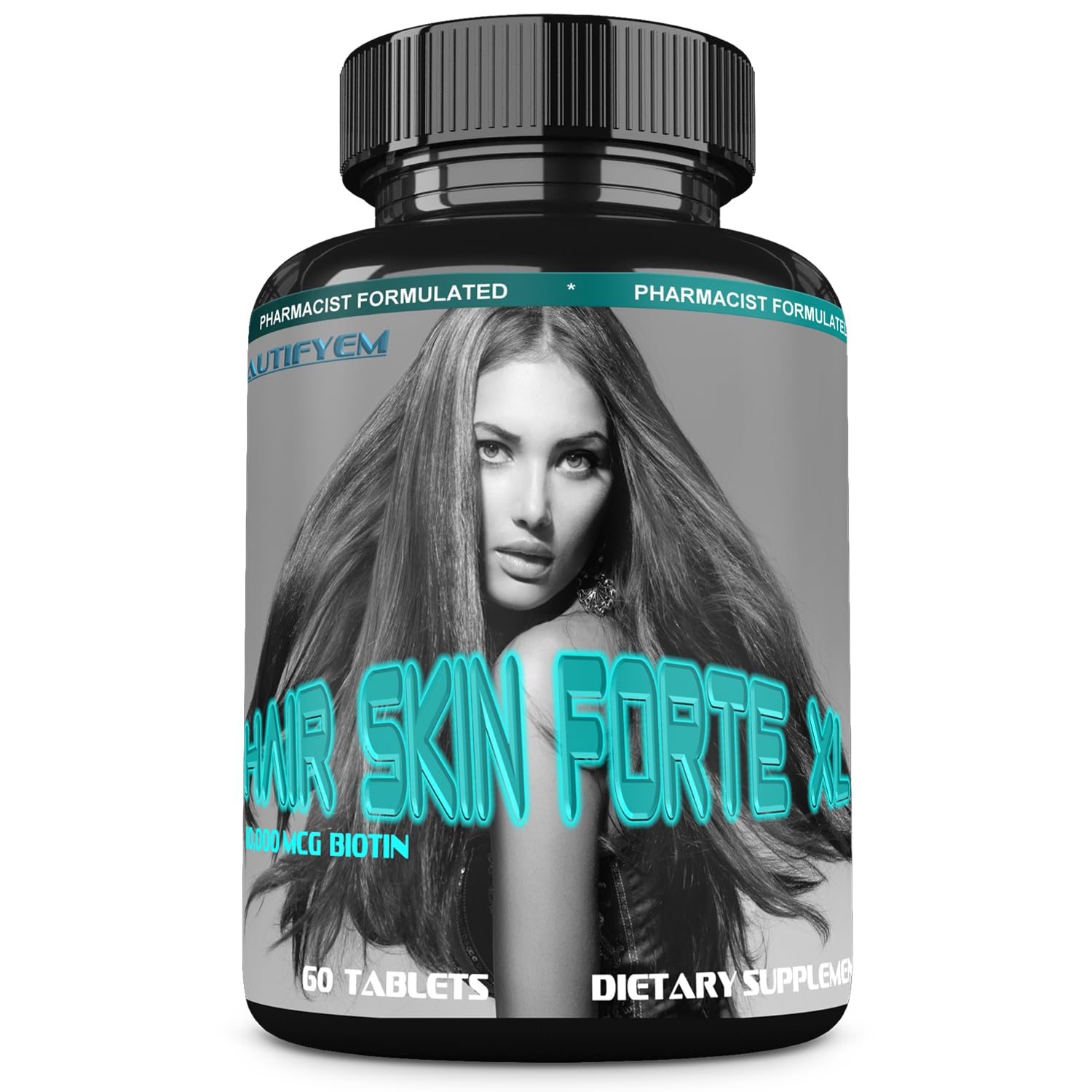 BEAUTIFYEM Hair Skin Forte XL Hair & Skin Growth Complex 10,000 mcg Biotin + Collagen Peptides Promotes Thicker, Stronger, Healthier Hair & Radiant Skin 60 Tablets
