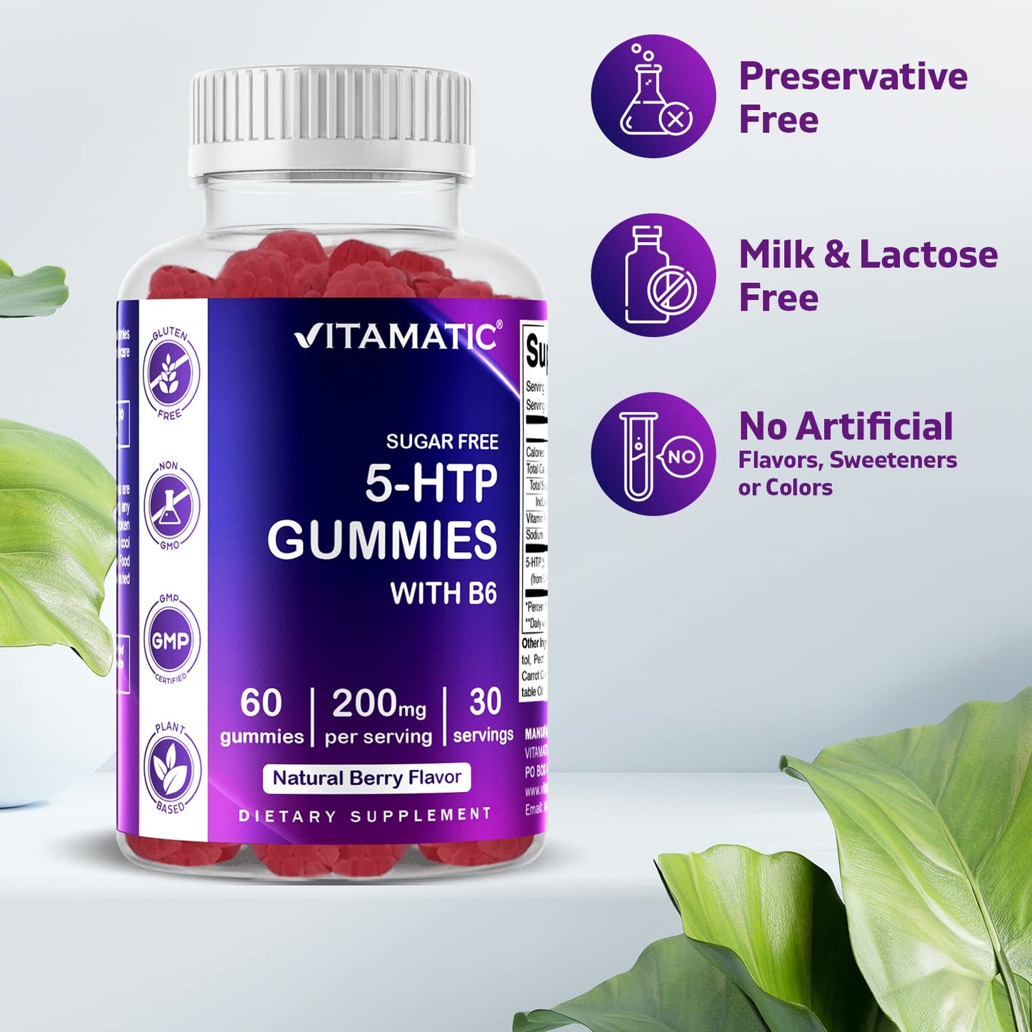 Vitamatic Sugar Free 5-HTP 200mg Gummies with B6, 120 Gummies