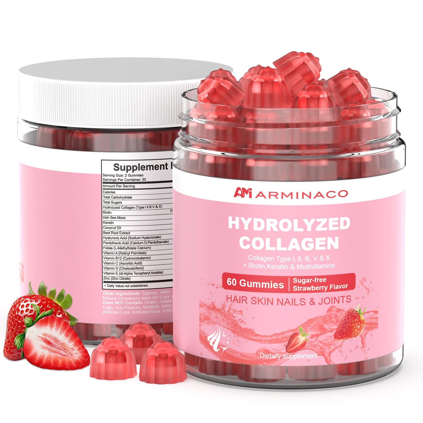 ARMINACO Collagen Gummies for Women – Low Sugar, Strawberry Flavor, Type I II III V X Collagen with Biotin, Vitamin C D B12 Zinc – Hydrolyzed Peptides for Hair Skin Nails Joints, 60 Gummies