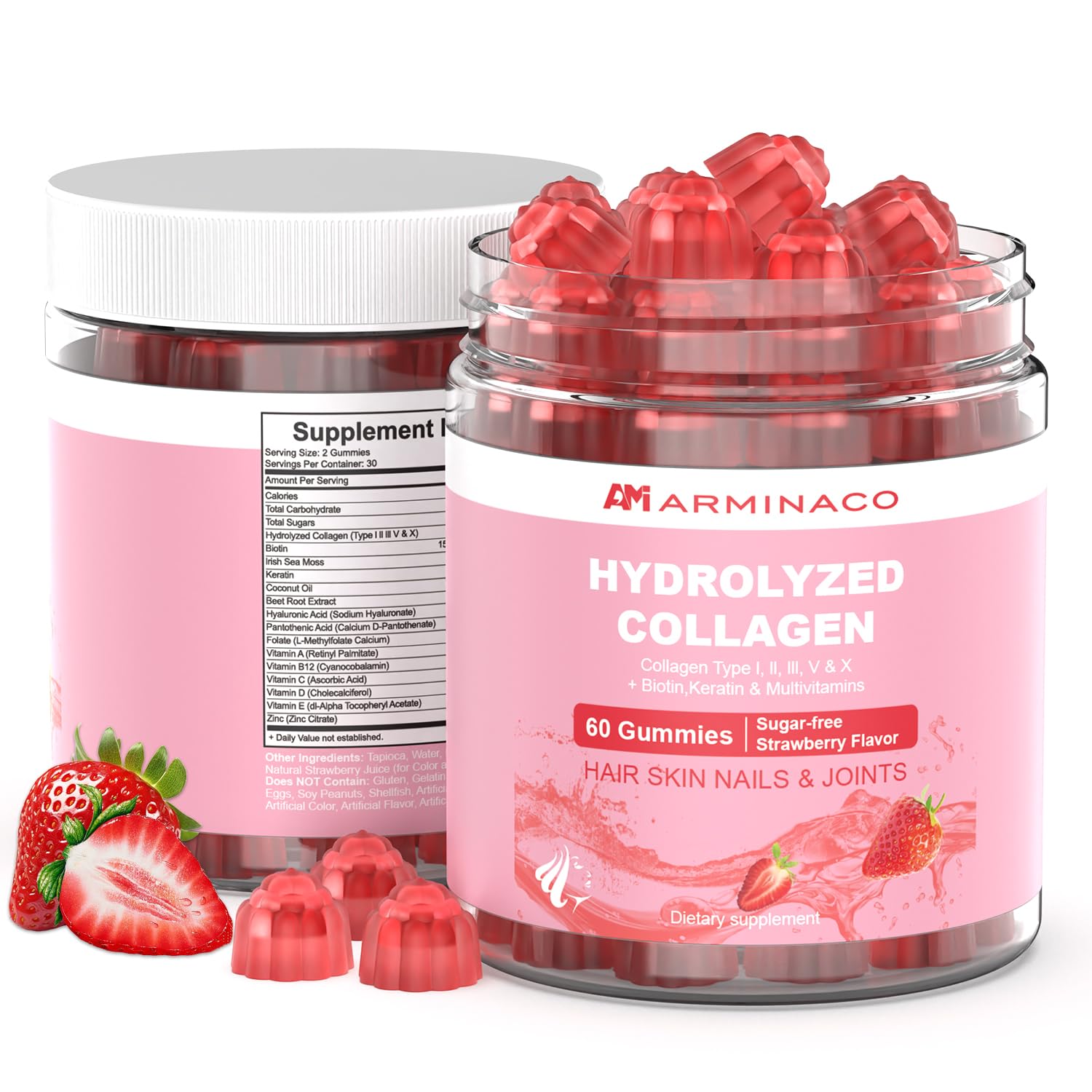 ARMINACO Collagen Gummies for Women – Low Sugar, Strawberry Flavor, Type I II III V X Collagen with Biotin, Vitamin C D B12 Zinc – Hydrolyzed Peptides for Hair Skin Nails Joints, 60 Gummies