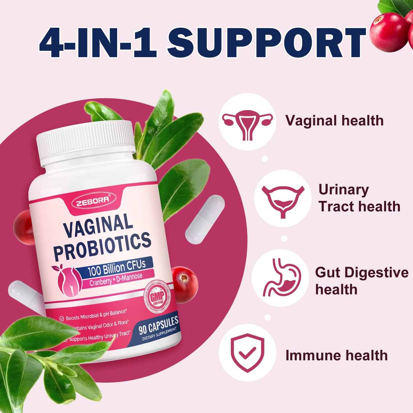 ZEBORA Vaginal Probiotics for Women 100 Billion CFUs, Probiotic for Digestive Health & Vaginal pH Balance & Urinary Tract Health, with Organic Cranberry & Prebiotics Capsule 90