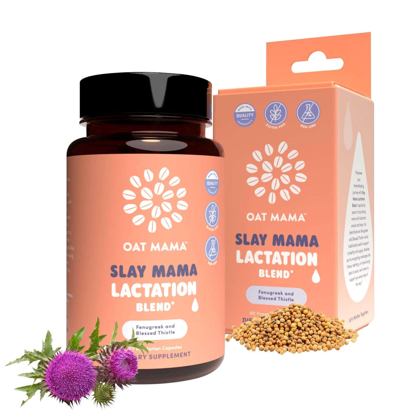 OAT MAMA Organic Lactation Supplement Slay Mama Blessed Thistle & Fenugreek Capsules, Herbal Lactation Blend, Postpartum Support for Breastfeeding Moms, 1 Count