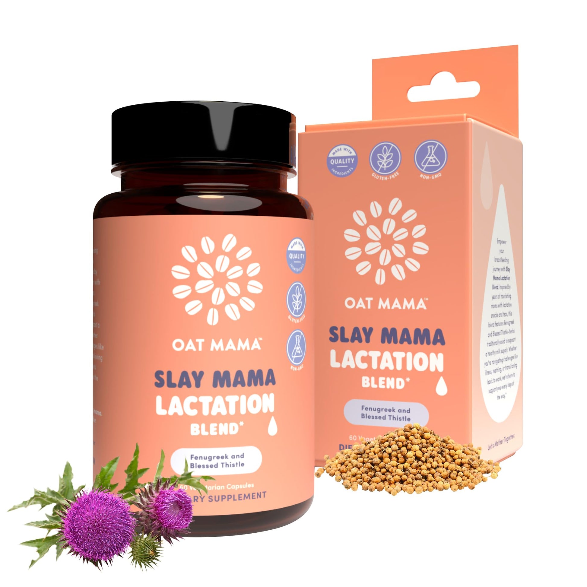 OAT MAMA Organic Lactation Supplement Slay Mama Blessed Thistle & Fenugreek Capsules, Herbal Lactation Blend, Postpartum Support for Breastfeeding Moms, 1 Count