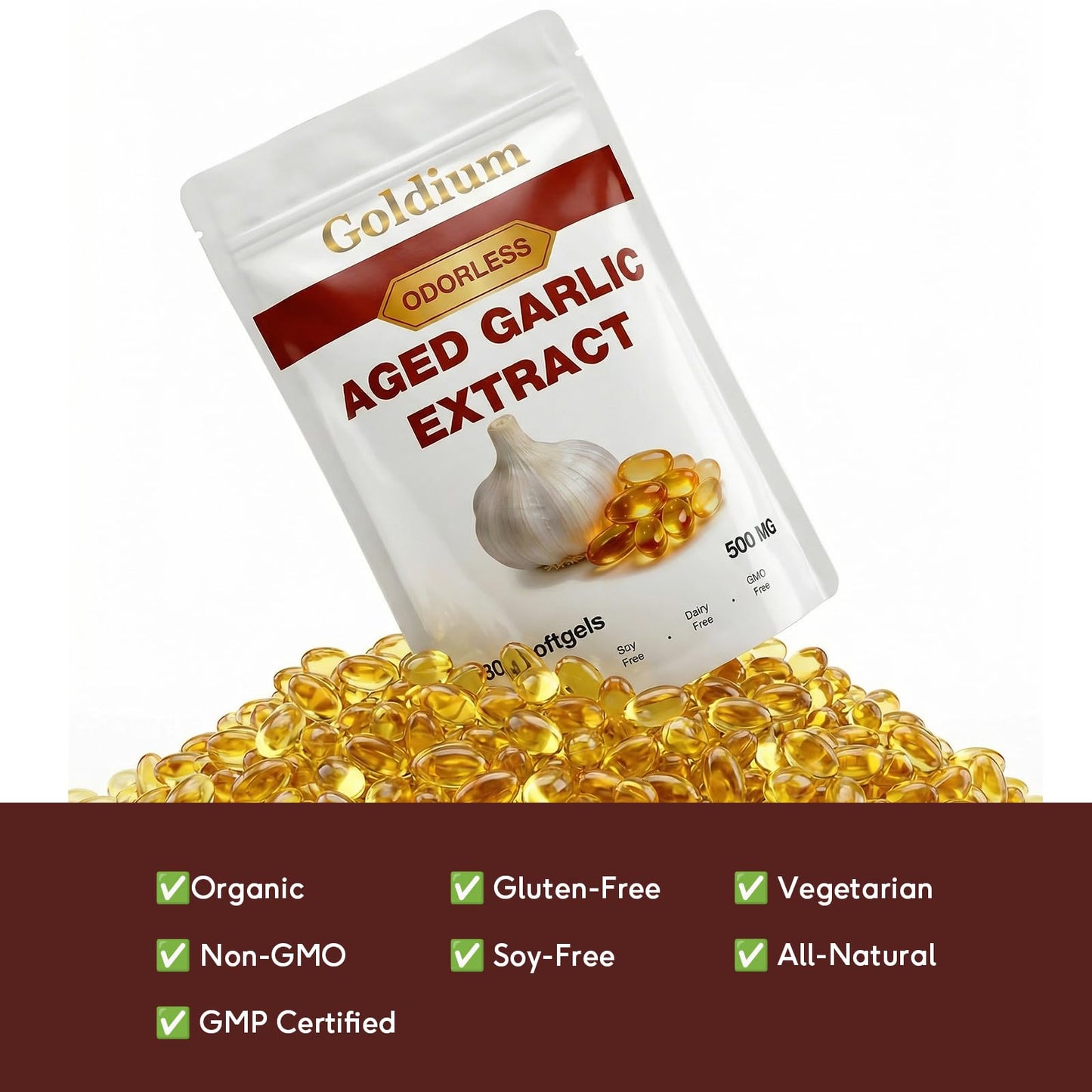 Goldium Aged Garlic Extract 500mg Odorless Softgels, 300 Count