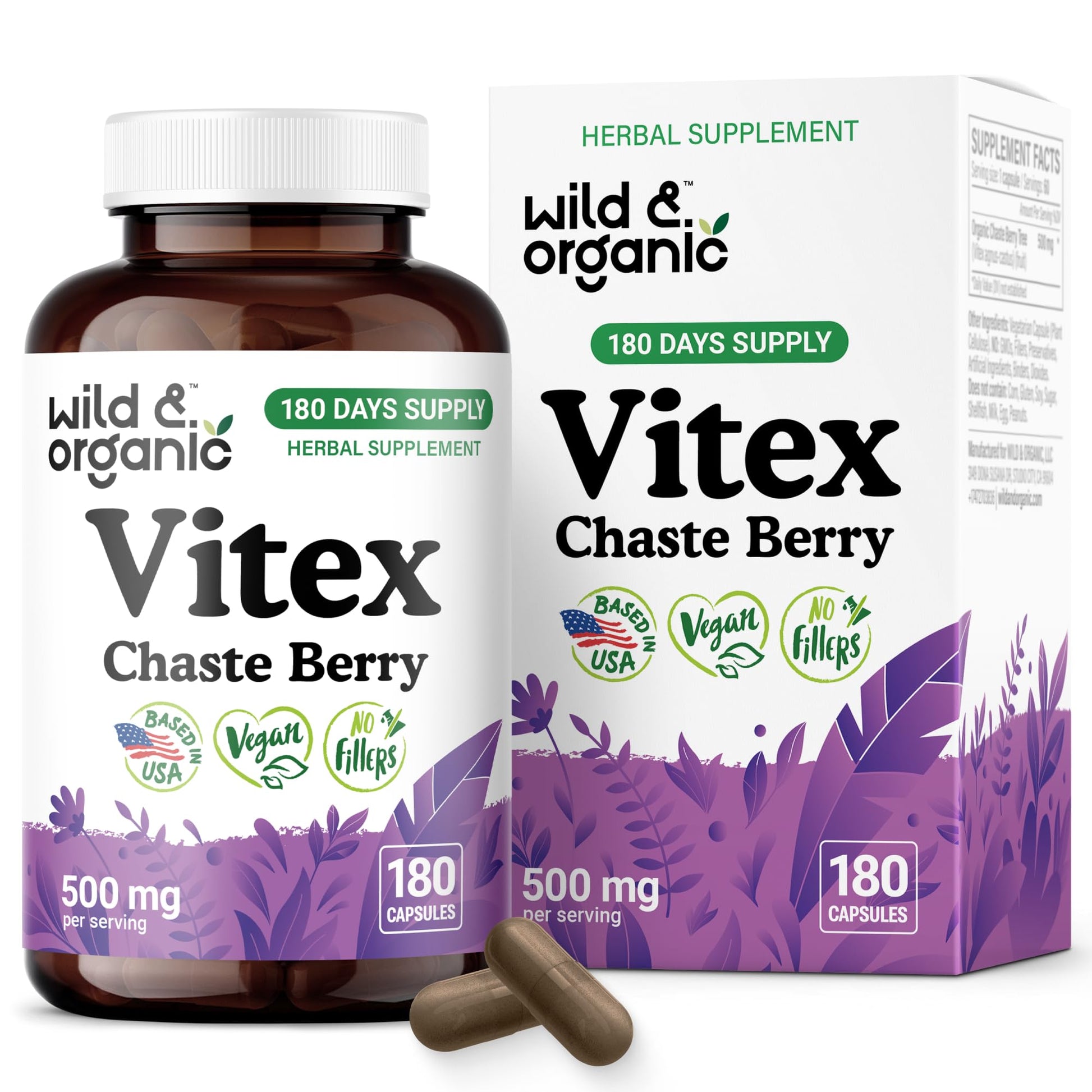 Wild & Organic Vitex Chasteberry Capsules 500 mg, 180 Count