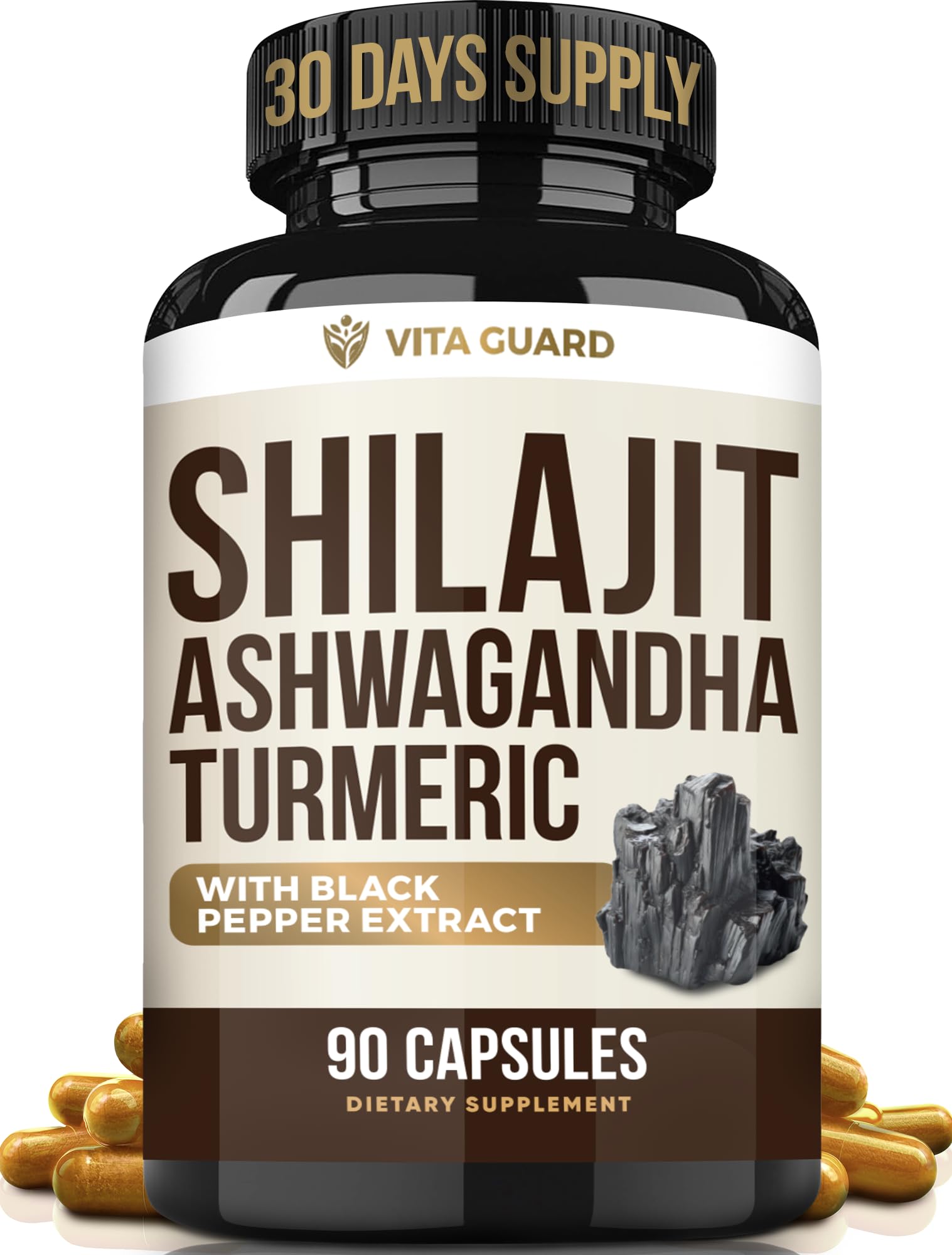 Vita Guard Himalayan Shilajit + Ashwagandha & Turmeric Vegan Capsules, 90 Capsules