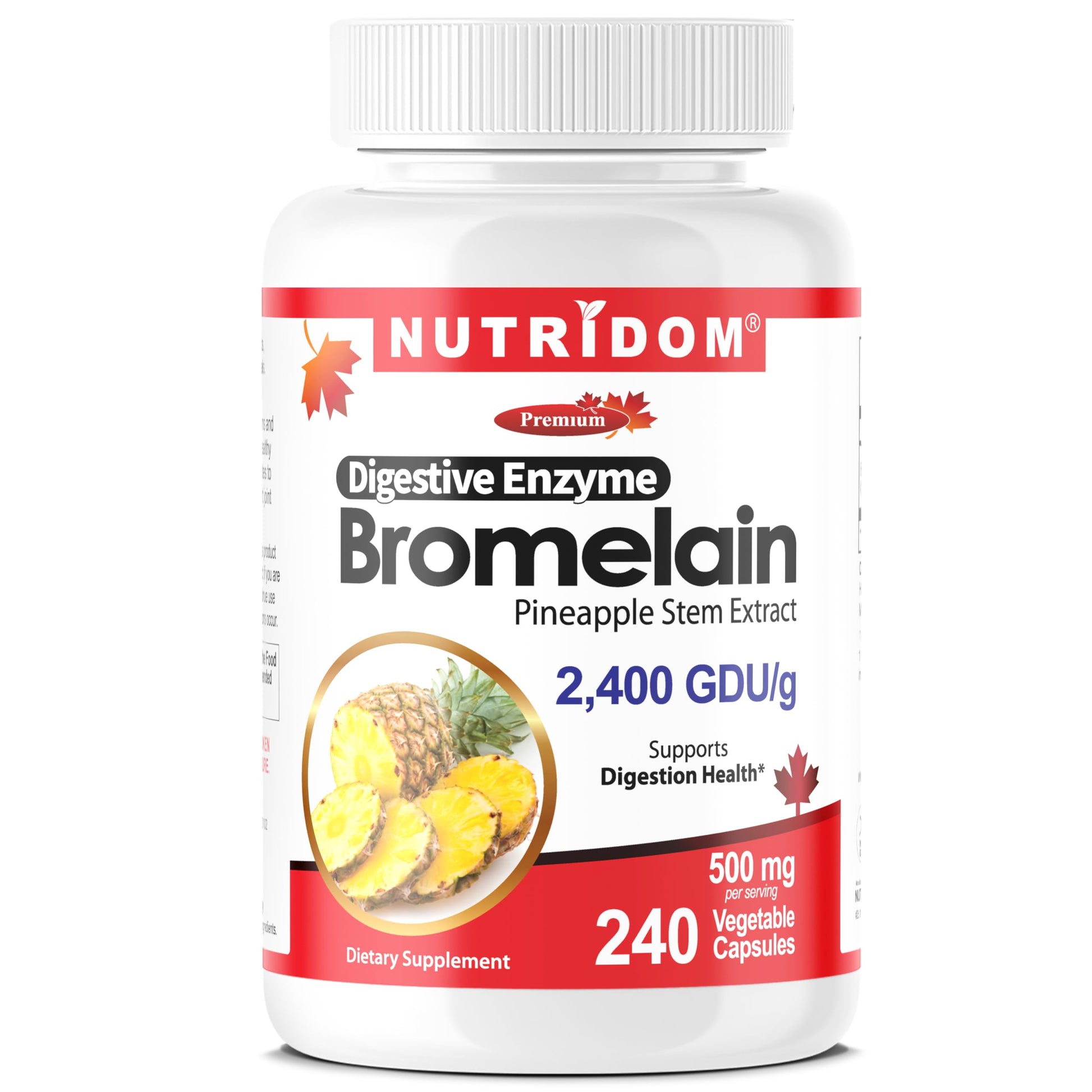 Nutridom Bromelain 2400 GDU/g – 500 mg Digestive Enzyme from Pineapple Stem Extract – Supports Protein Digestion – Non-GMO, Vegan, Gluten Free – 240 Capsules