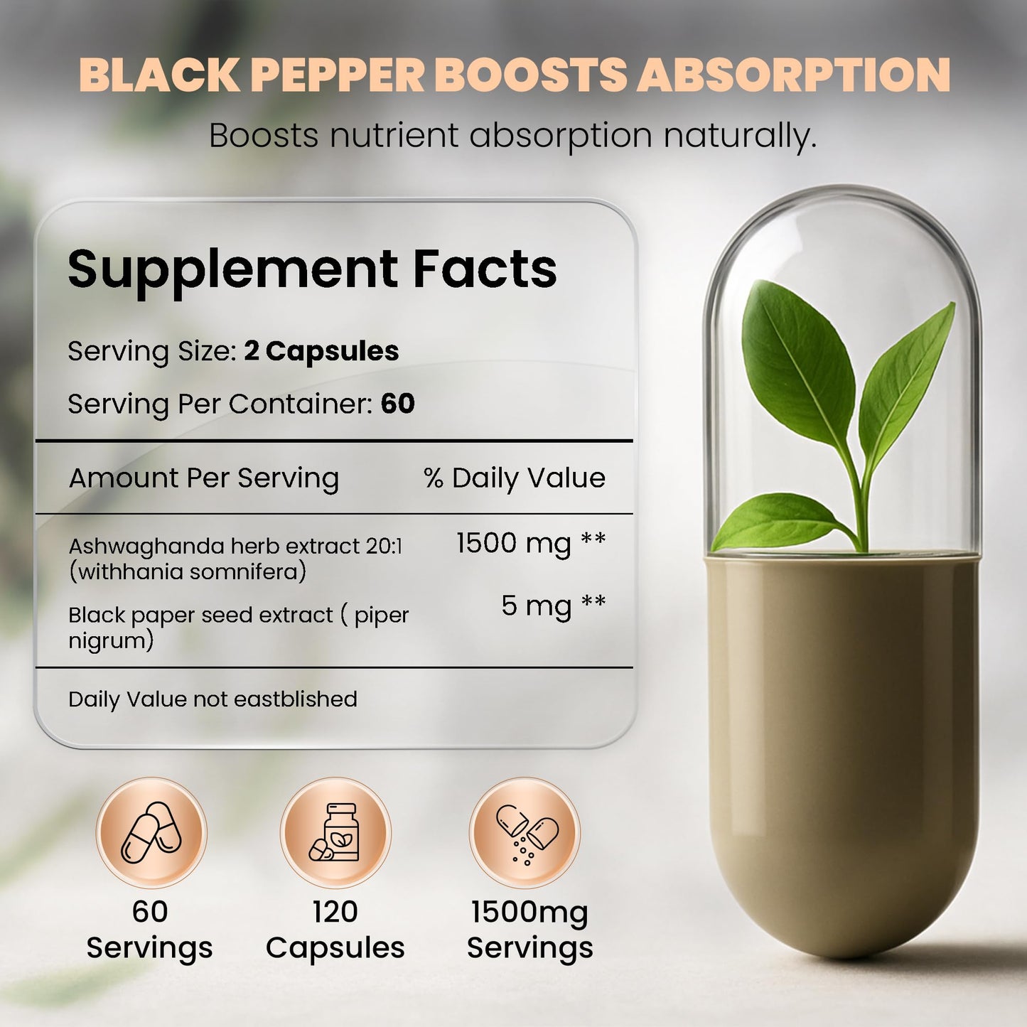 HERVIVA Organic Ashwagandha 1500mg per Serving with Black Pepper Extract, 120 Capsules