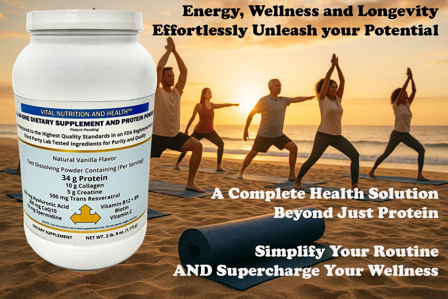 Vital Nutrition and Health All-in-One Powder: Protein, Collagen, Creatine, Resveratrol, Spermidine, Hyaluronic Acid, CoQ10 + Key Vitamins, 41 Servings
