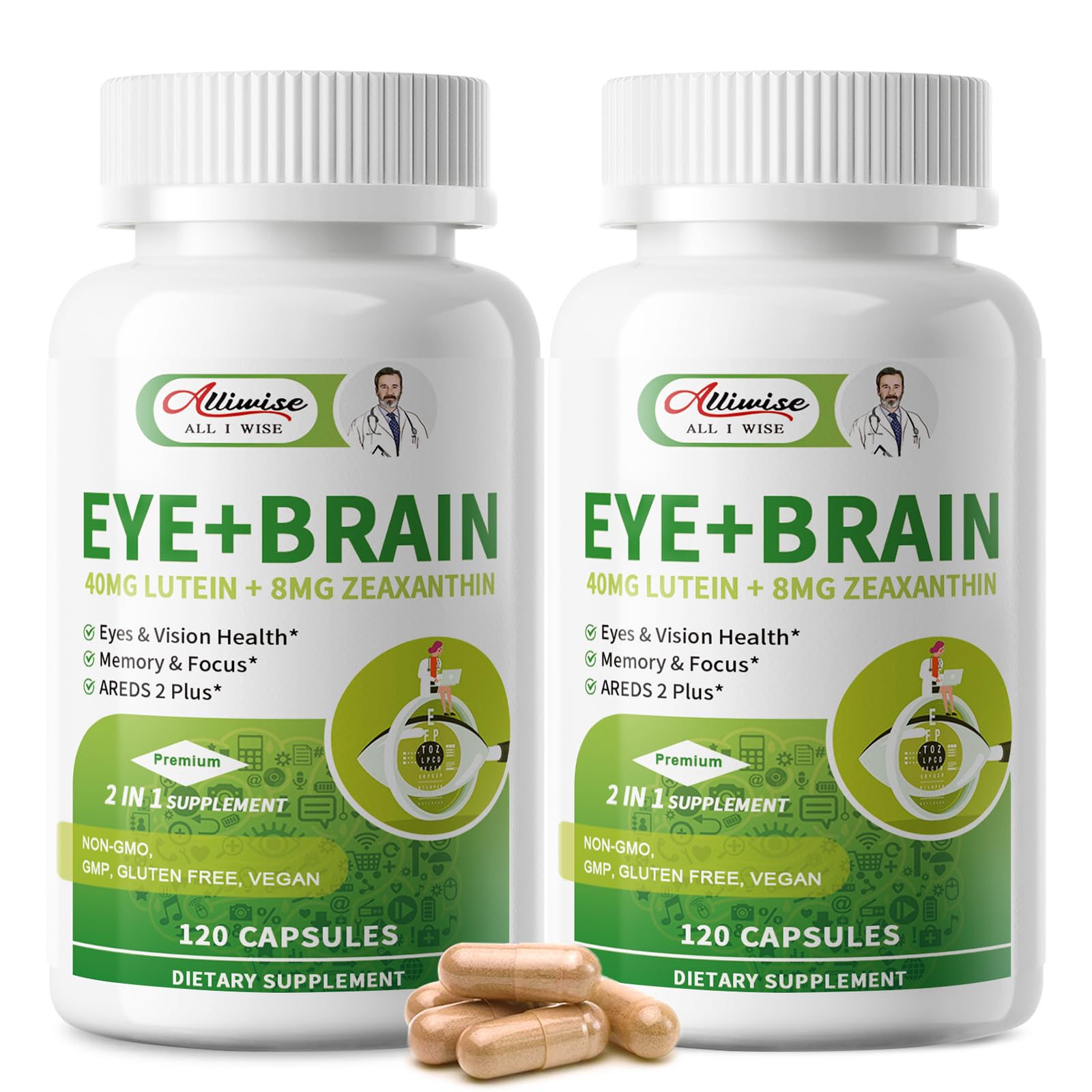 Alliwise Eye + Brain Supplements for Memory and Focus with Lutein 40mg, Zeaxanthin, Astaxanthin, Bilberry, Lion’s Mane, Bacopa Monnieri, Ginkgo Biloba, 14 in 1 Eye Vitamins for Adults & Seniors, 240 Capsules