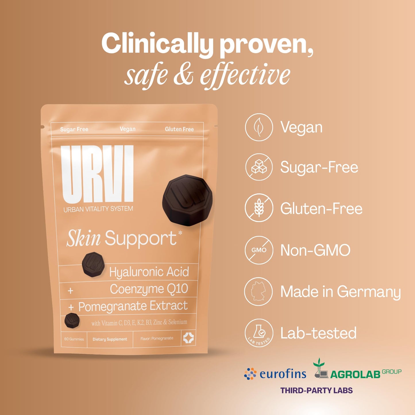 URVI 10-in-1 Skin Gummies Hyaluronic Acid, Coenzyme Q10, Pomegranate Extract + 7 Vitamins & Minerals Skin Health & Anti-Aging Vegan, Sugar Free, Gluten Free Pomegranate Flavor, 60 Gummies