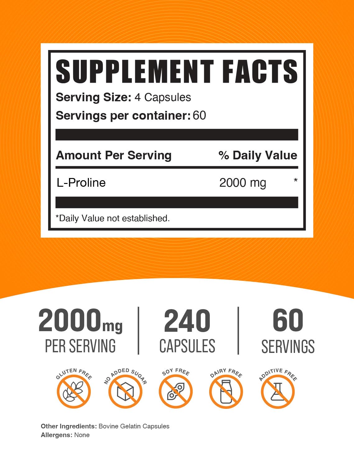 BulkSupplements L-Proline Capsules 240 Count