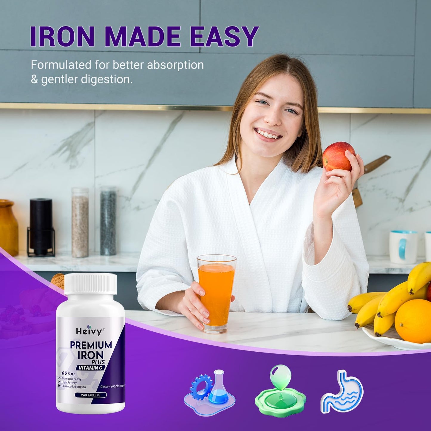 Heivy Ferrous Sulfate 325mg, Iron 65mg, Iron with Vitamin C – High Potency Iron Supplement for Women & Men, Gentle on Stomach, 240 Tablets