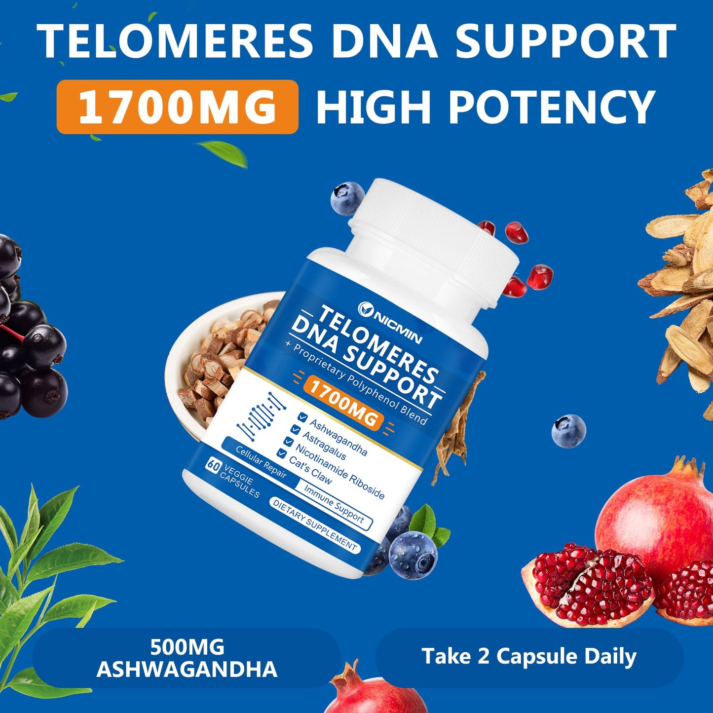 NICMIN Telomeres DNA Support - Anti Aging Supplement for DNA Repair, Cell Health & Stem Cell Support Max Absorption, 180 Capsules