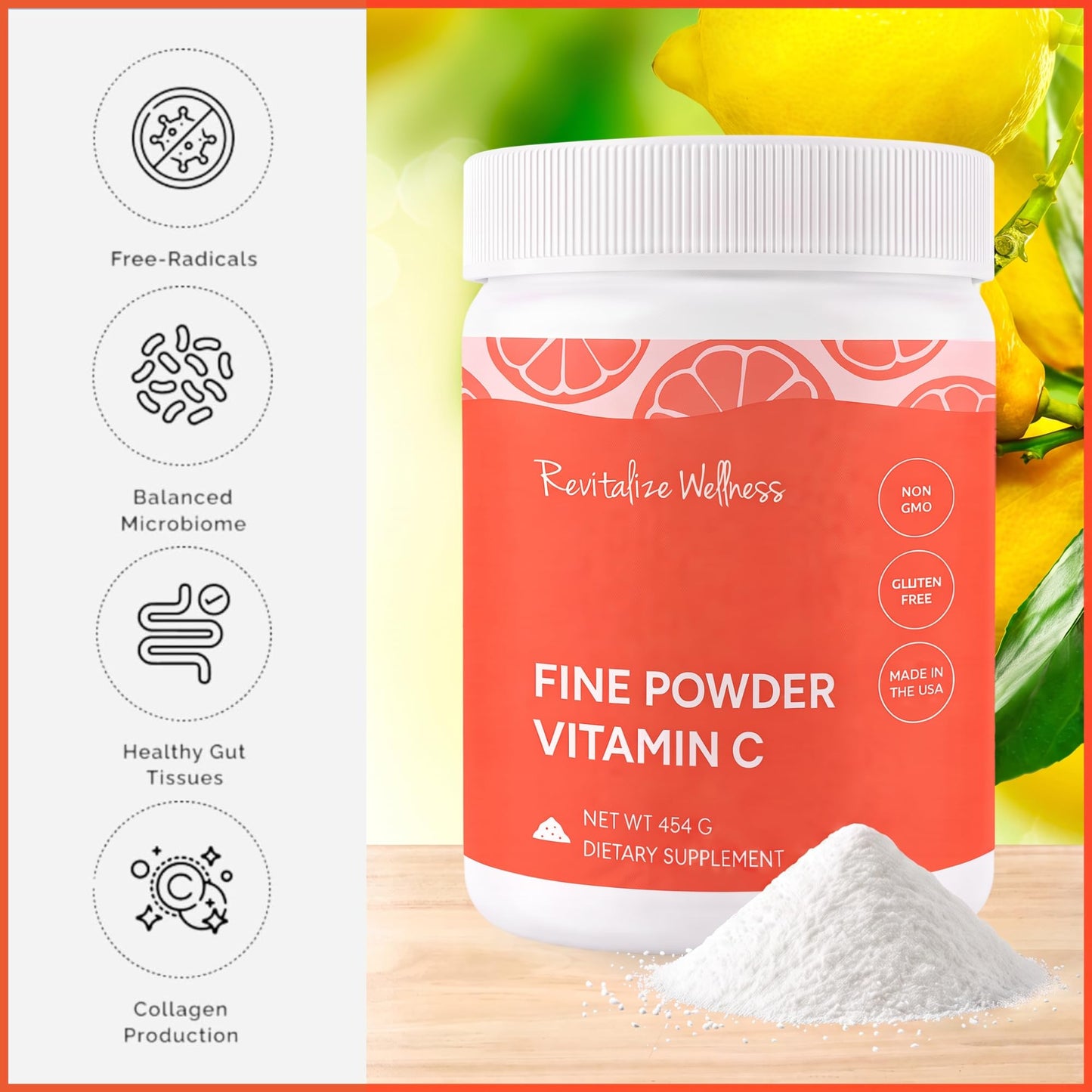 Revitalize Wellness Fine Powder Vitamin C as Ascorbic Acid, 16.01 oz, 1000 mg per Serving, 454 Servings per Bag