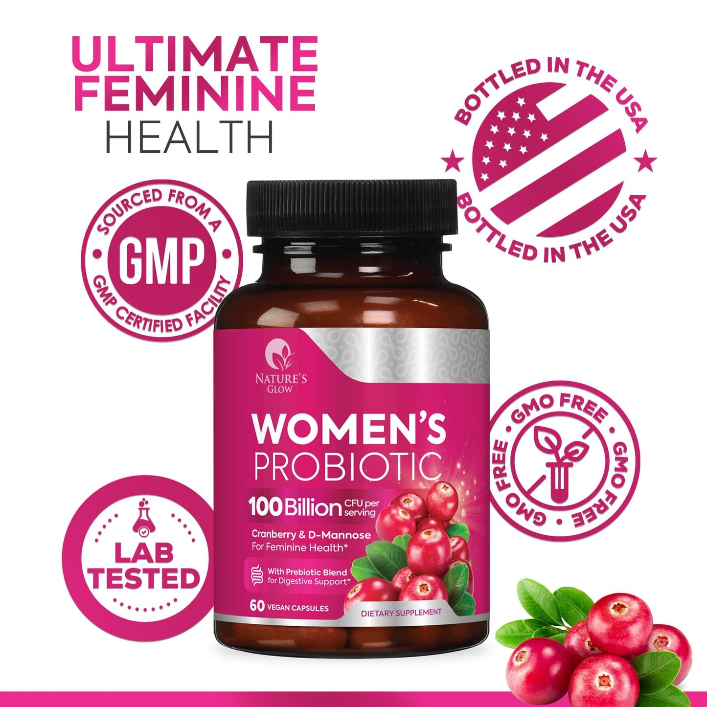 Nature's Glow Probiotics For Women - PH Balance, Digestive & Feminine Health Support - 100 Billion CFU Per Serving - Women's Probiotic With 16 Unique Strains, Vaginal Probiotic Capsules 60 Count