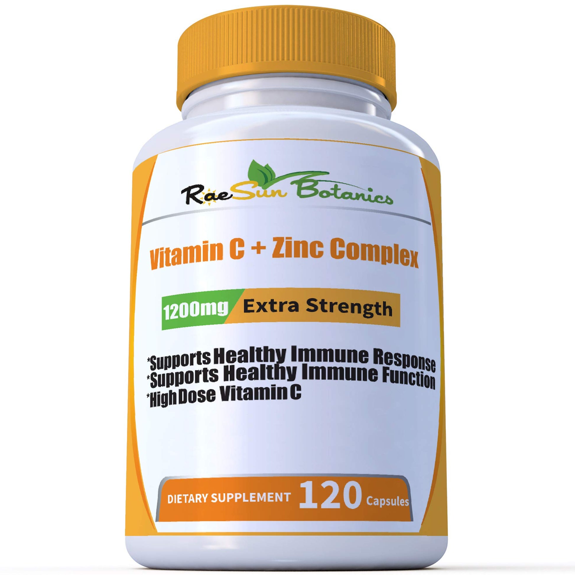 RaeSun Botanics High Dose Extra Strength 1200mg Vitamin C + Zinc Complex for Immune Support Capsules, 120 Count