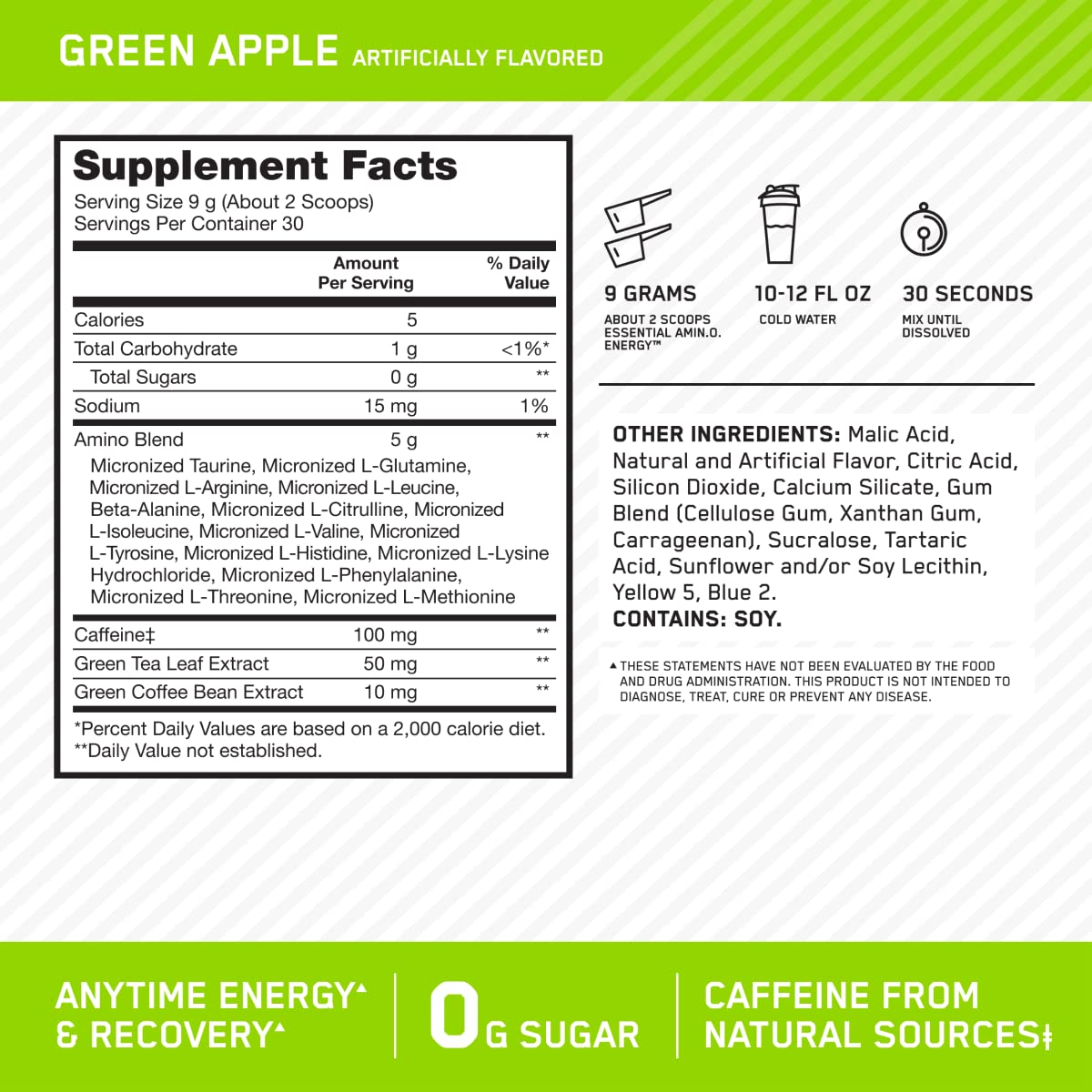 Optimum Nutrition Amino Energy Powder Green Apple 9.5 oz