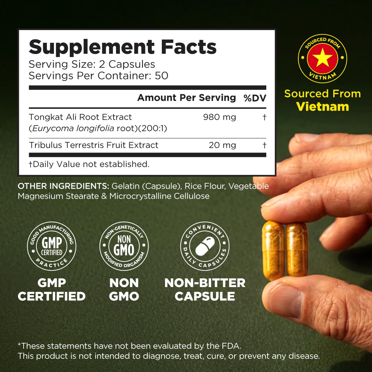 Gya Labs Tongkat Ali Extract for Men 980mg 200:1 Capsule, 100 Count