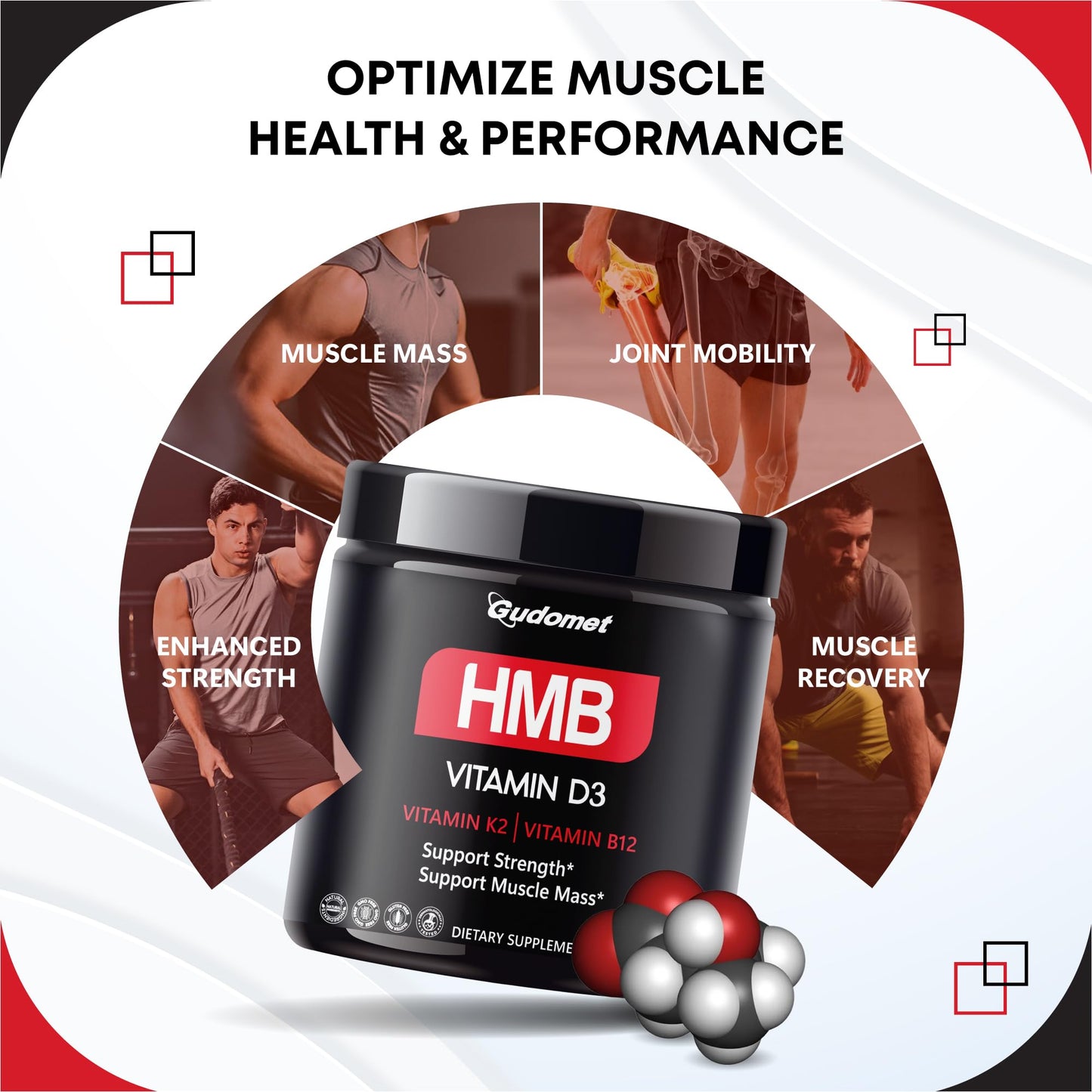 GUDOMET HMB with D3, K2 & B12 – Muscle Health Support Capsules, 150 Capsules