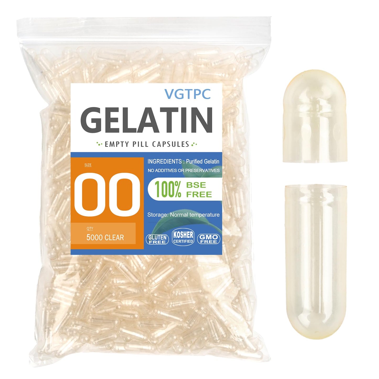 VGTPC Empty Gelatin Capsules Size 00, 5000 Count, Clear Capsules