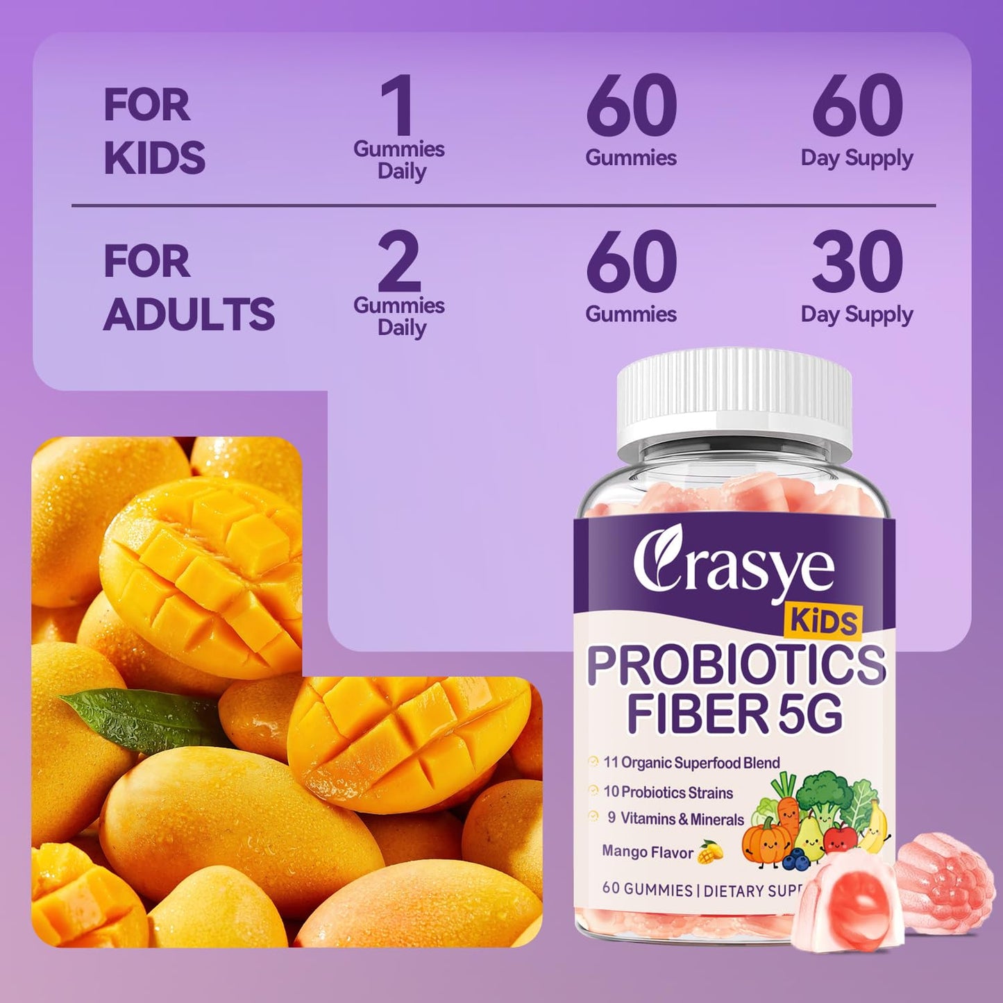 Crasye Kids Probiotic + Prebiotic Fiber 5G Gummies, 60 Gummies