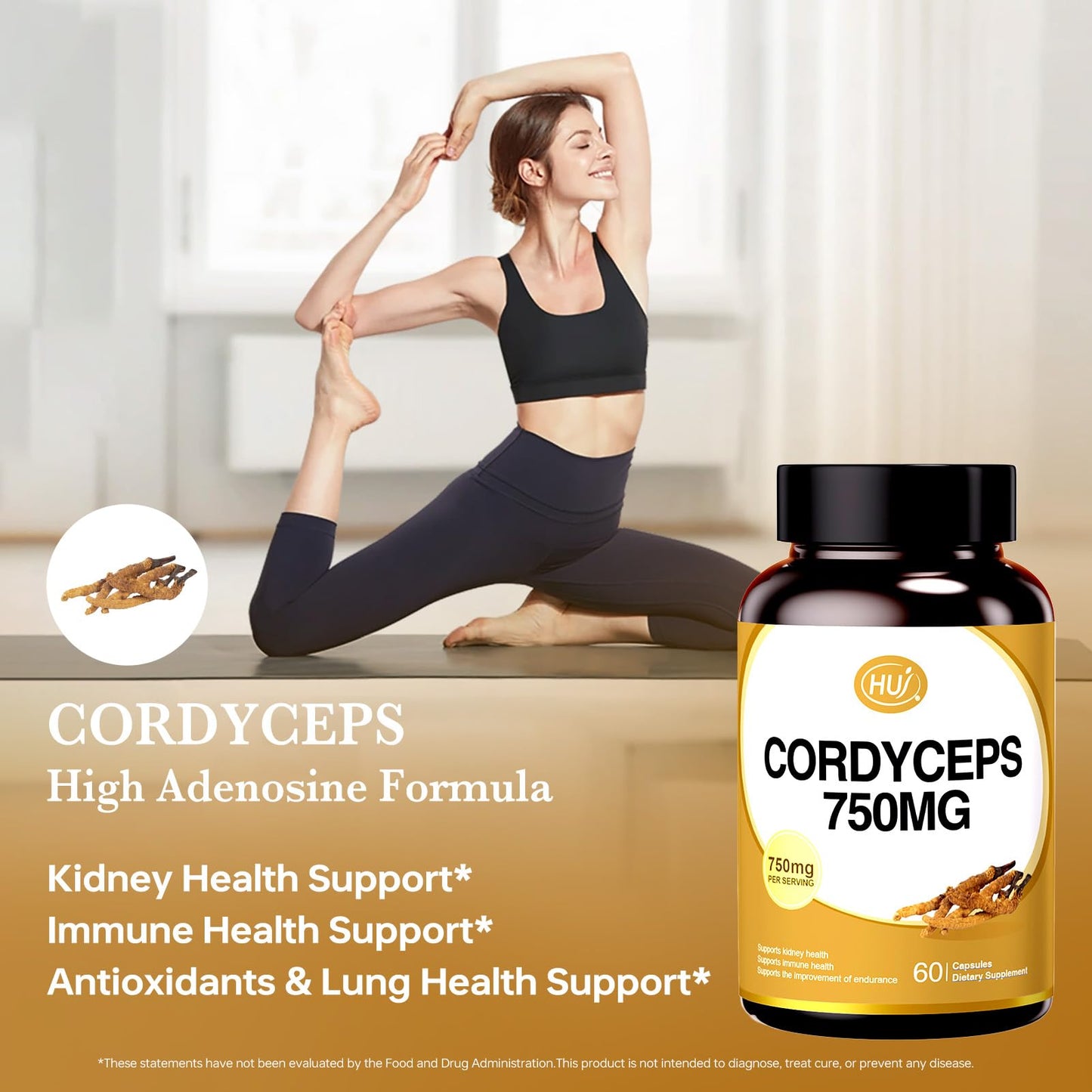 HUJ Cordyceps Mushroom Capsules - Cordyceps Supplement with Dual Mycelium - Kidney Health, Immune Health & Energy Support, 60 Capsules