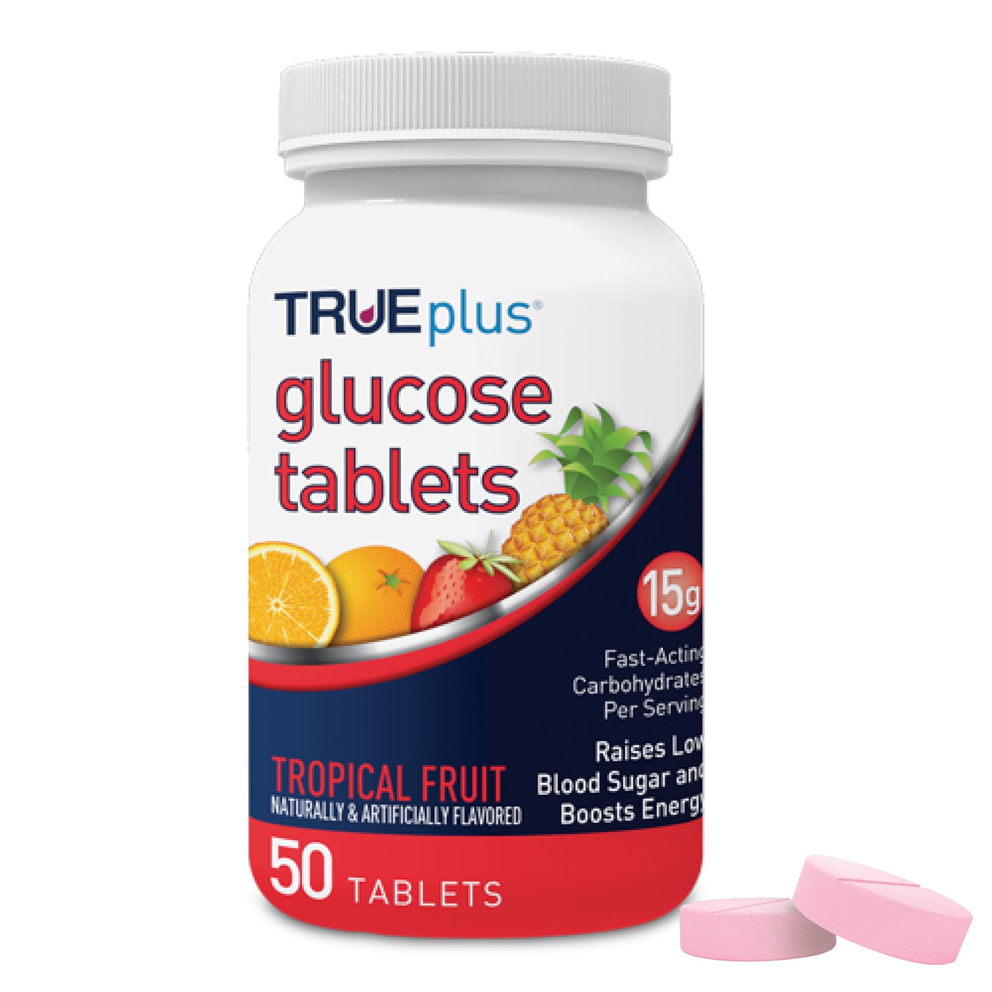 TRUEplus Glucose Tablets, Chewable, Tropical Fruit Flavor, 50 Tablets