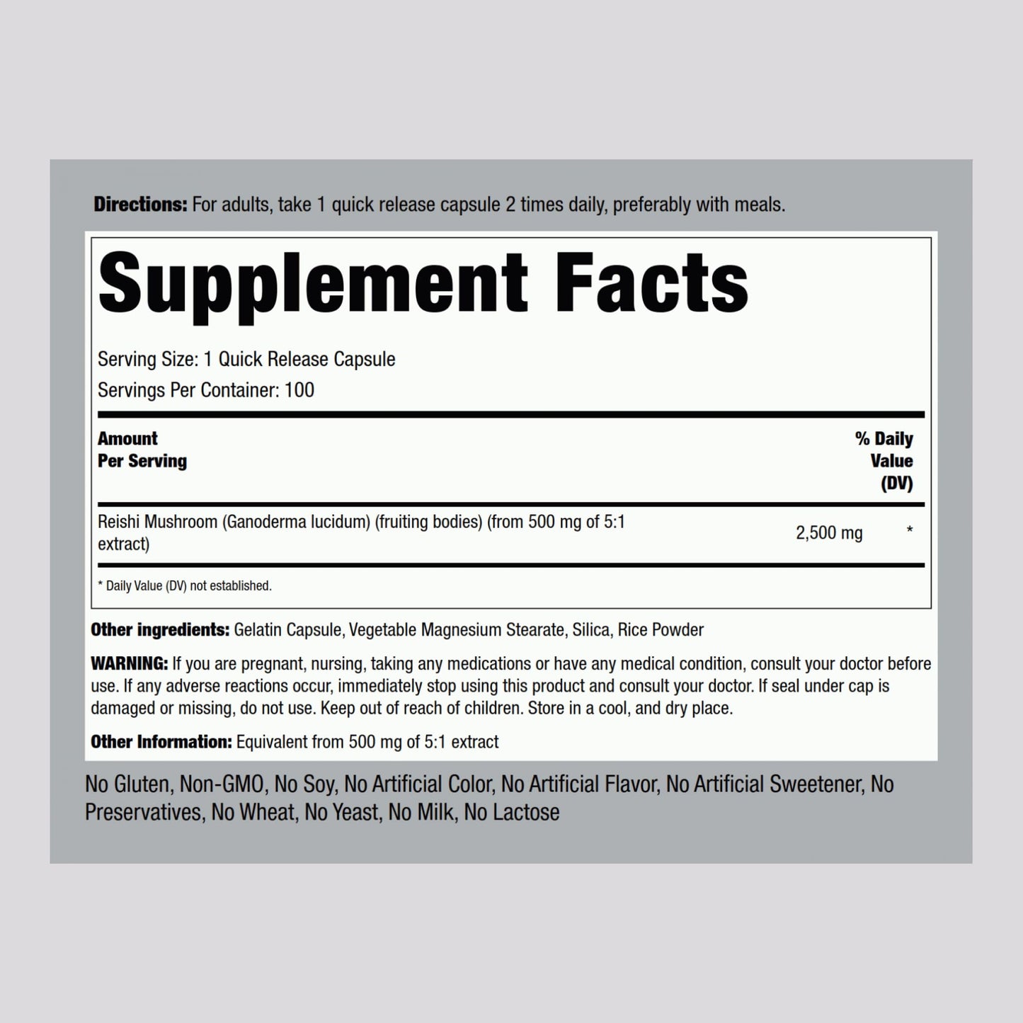 Piping Rock Reishi Mushroom Capsules, 100 Count