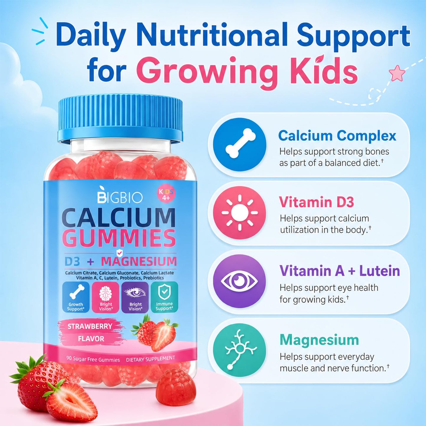 BIGBIO Kids Calcium Gummies with D3 & Magnesium, Probiotics & Prebiotics, Bone & Muscle Support, Vision & Immune Health, Sugar-Free, Strawberry Flavor, 90 Gummies