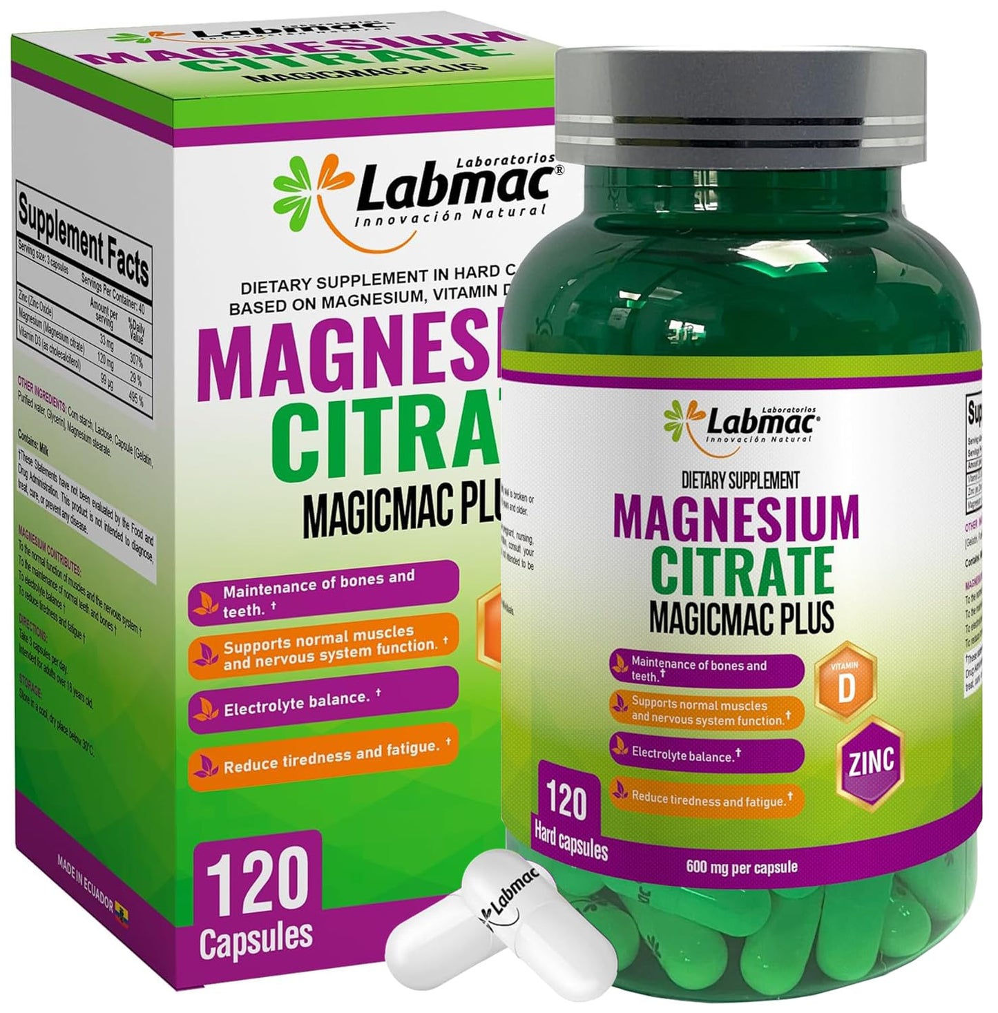 Magicmac Plus Magnesium Citrate 600mg Capsules with Vitamin D3 and Zinc, 120 Count