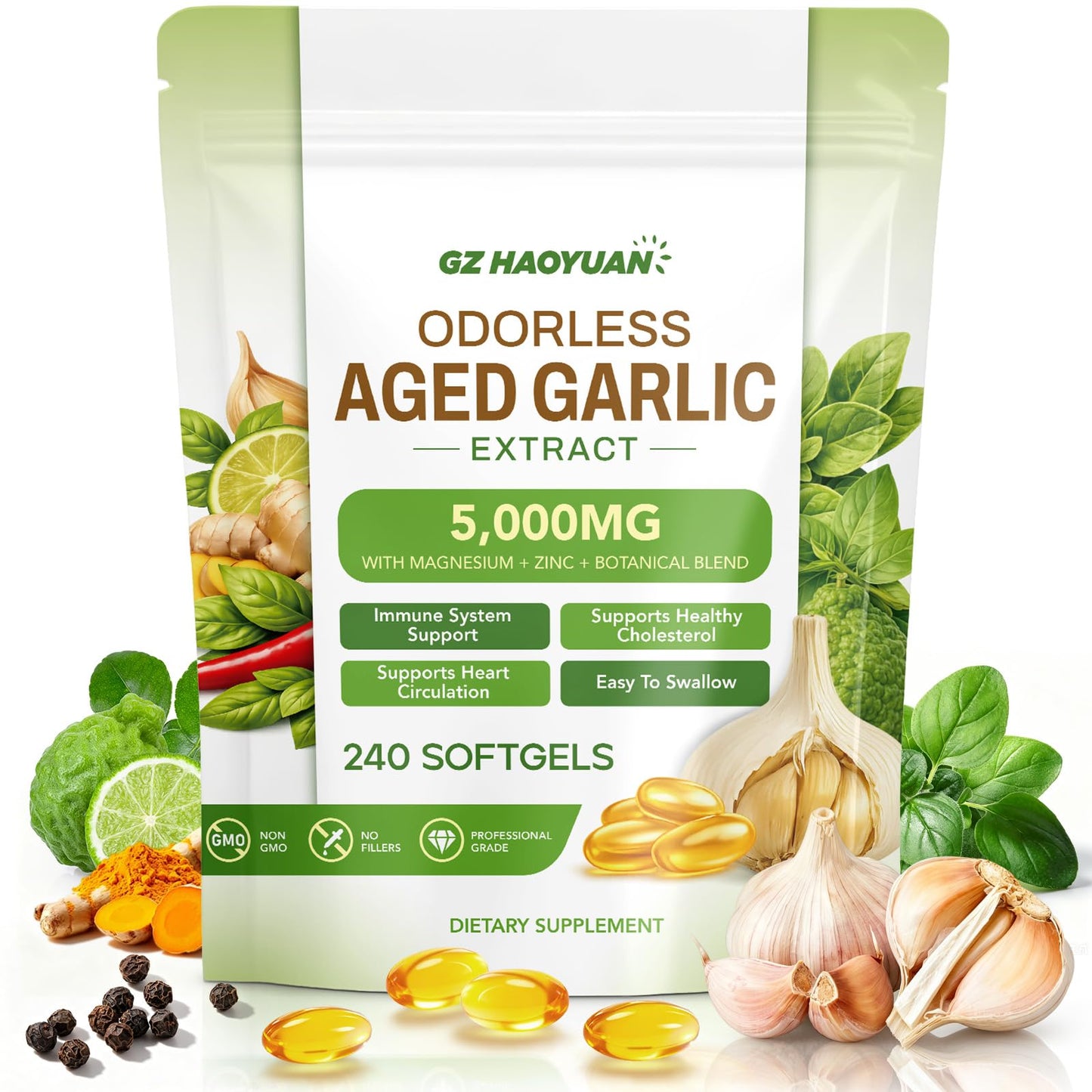 GZ HAOYUAN Odorless Aged Garlic Extract Softgels, 240 Count